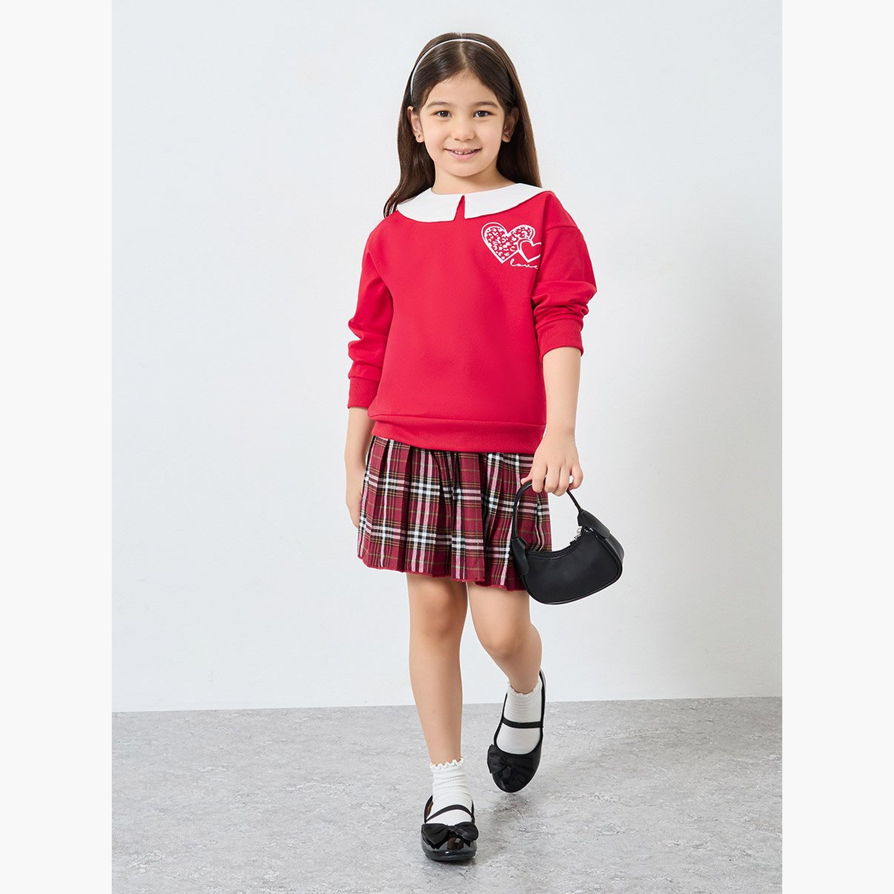 Styli Girls Red Long Sleeve Top and Checked Skirt Set-girls-clothing-setsandcoords-image-1