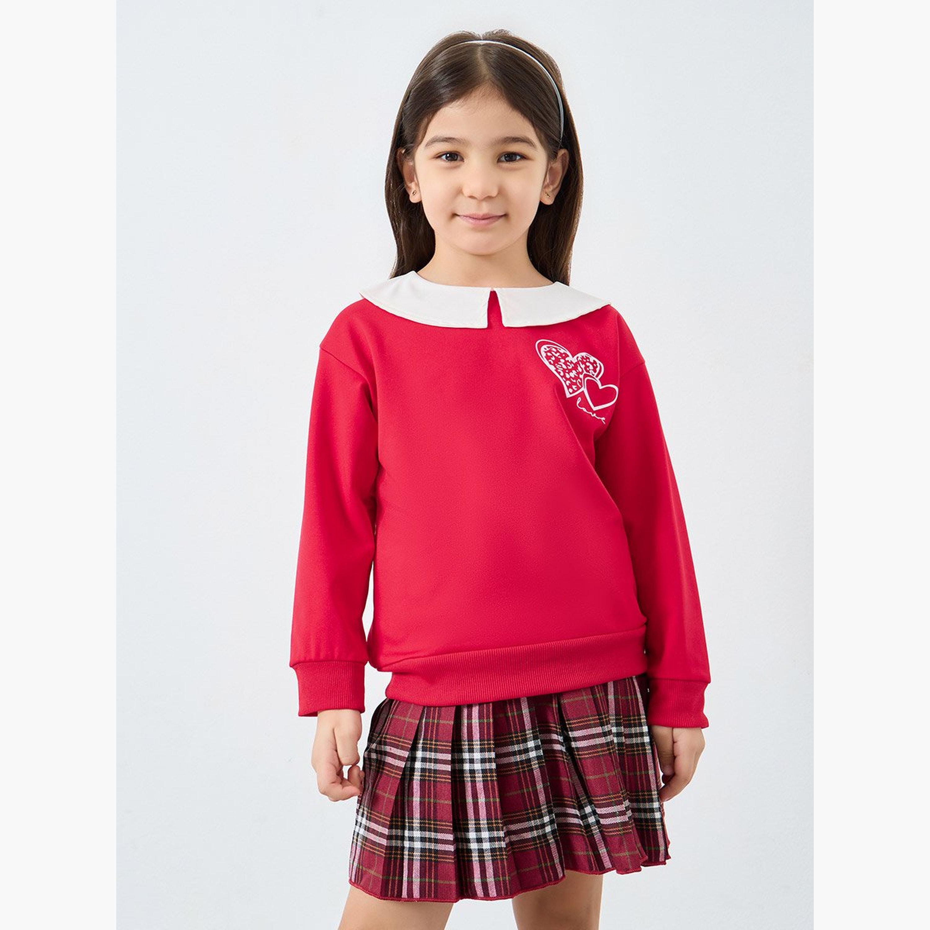 Styli Girls Red Long Sleeve Top and Checked Skirt Set-girls-clothing-setsandcoords-image-2