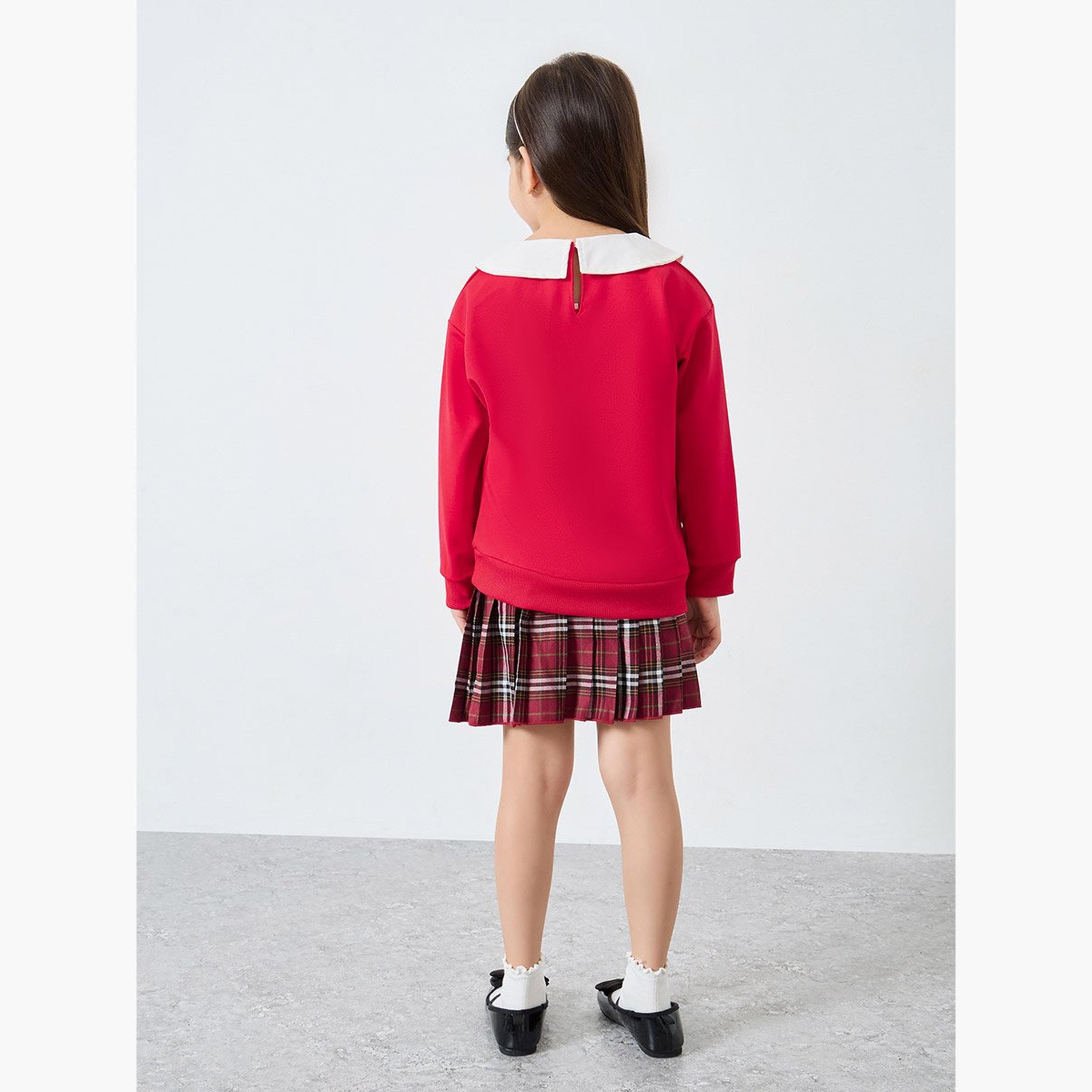 ستايلي - طقم بناتي مكون من بلوزة حمراء بأكمام طويلة وتنورة منقوشة-girls-clothing-setsandcoords-image-4