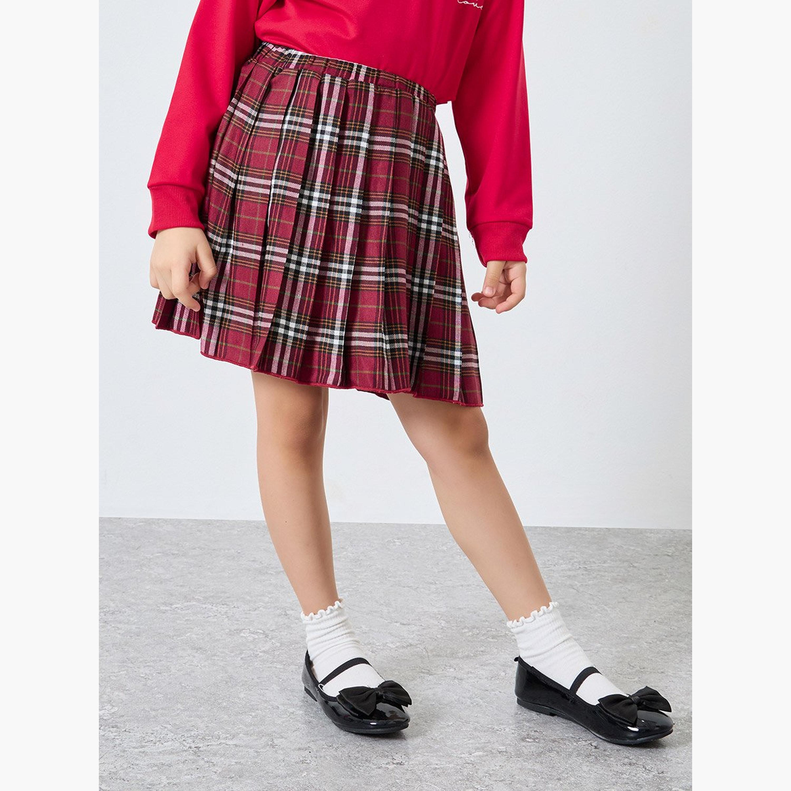 Styli Girls Red Long Sleeve Top and Checked Skirt Set-girls-clothing-setsandcoords-image-5