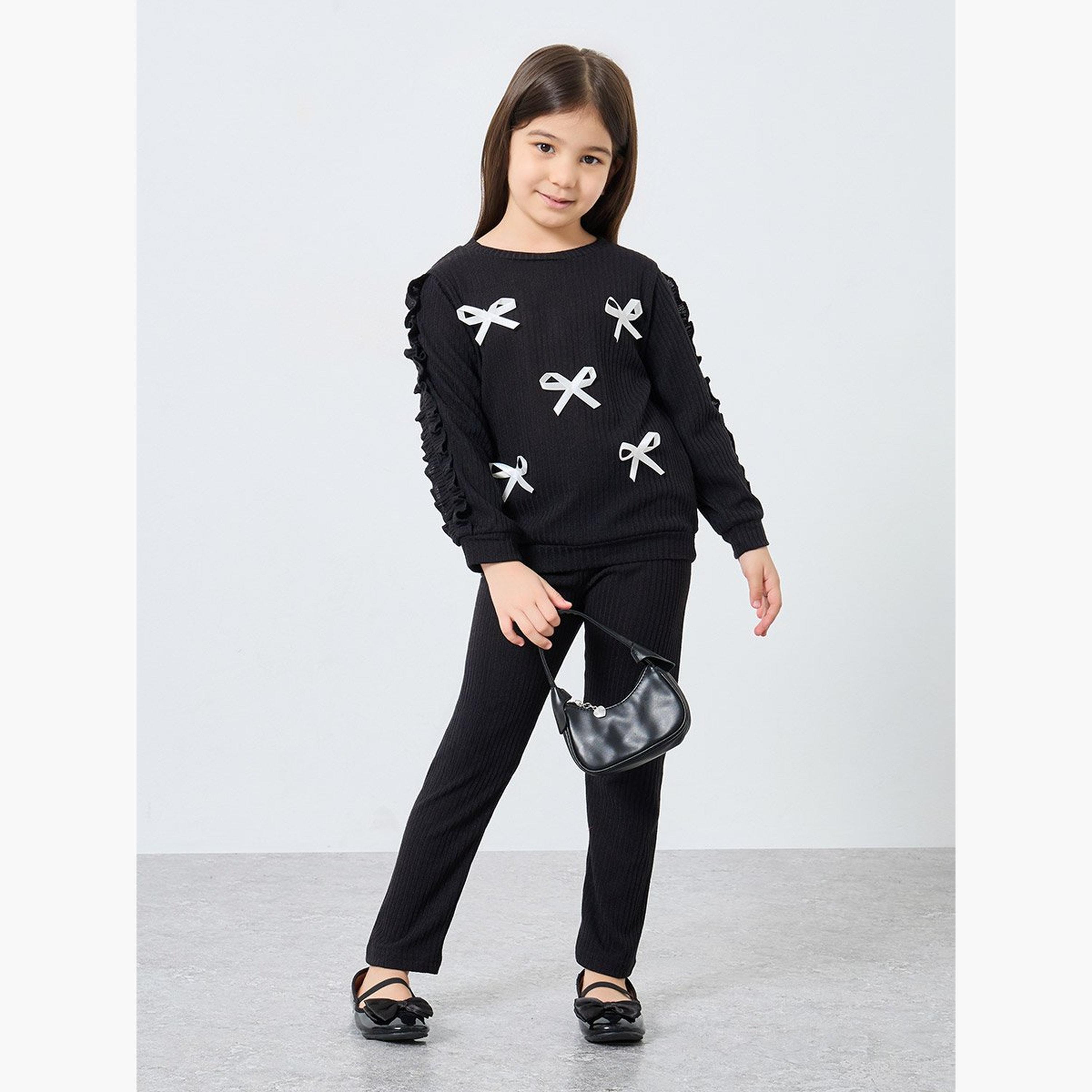 Styli Girl Black Bow Detail Sweater and Joggers Set-girls-clothing-setsandcoords-image-1