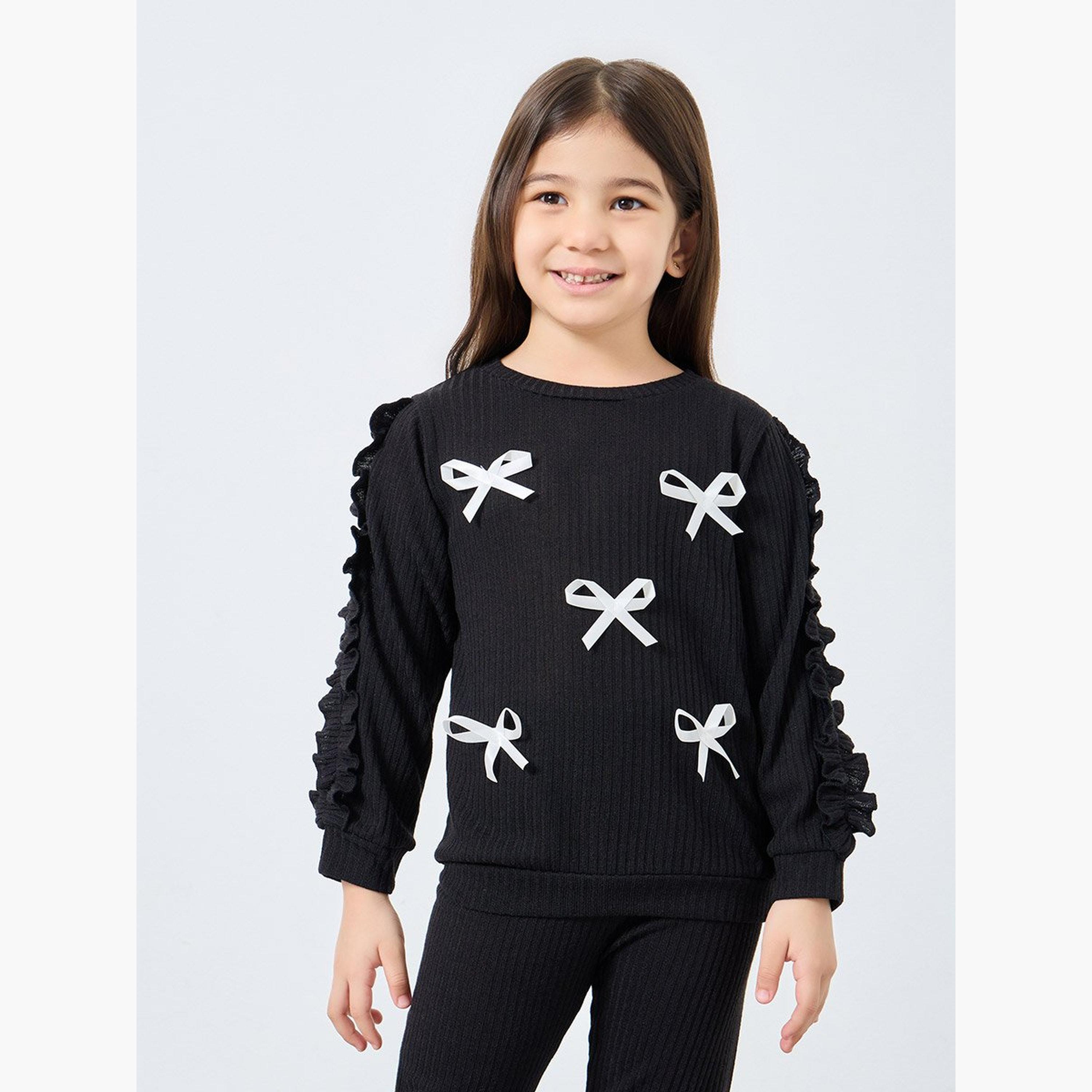 Styli Girl Black Bow Detail Sweater and Joggers Set-girls-clothing-setsandcoords-image-2