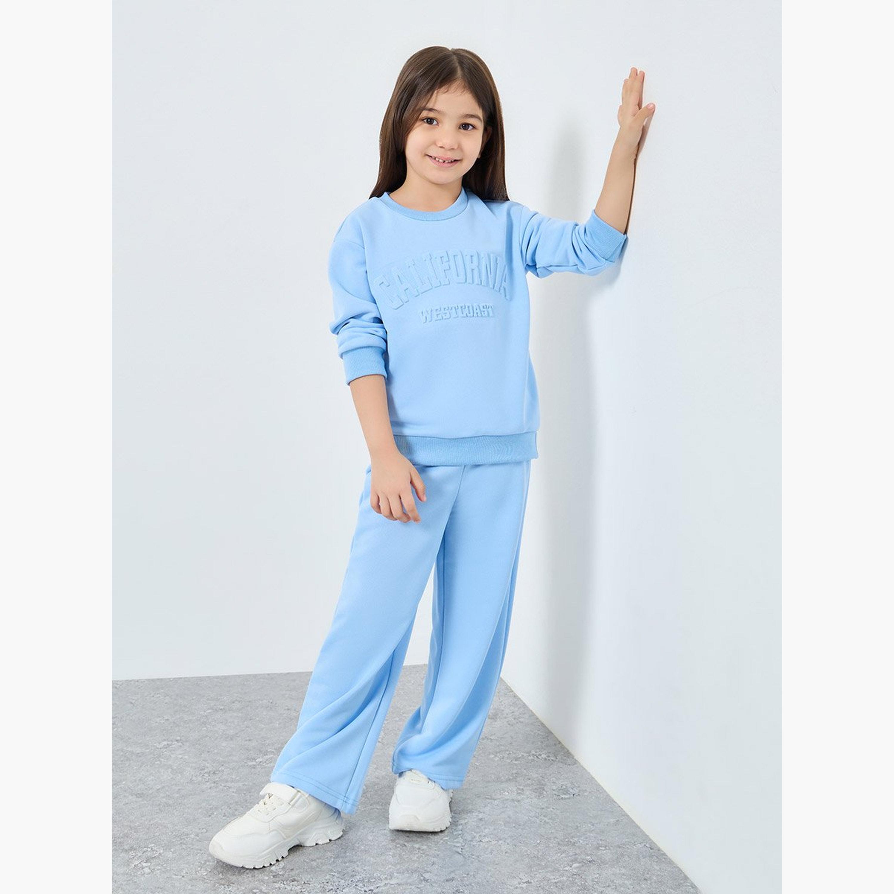 Styli Girl Embossed Slogan Sweat Top and Wide Leg Jogger Set-girls-clothing-setsandcoords-image-1