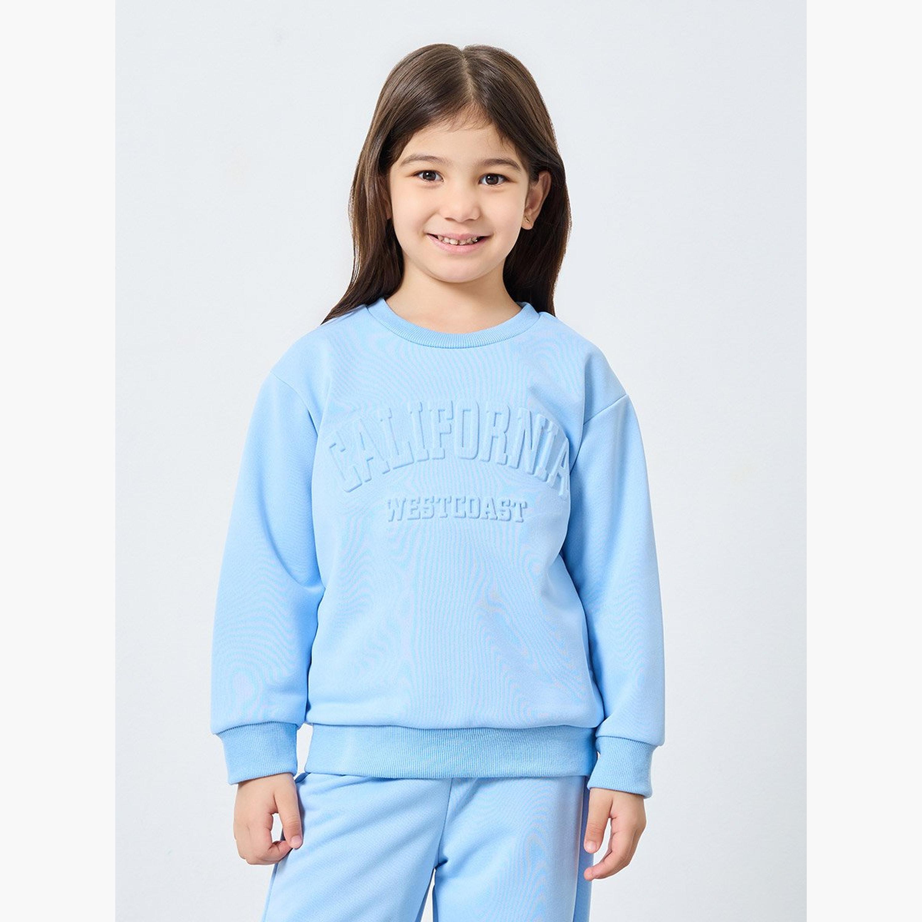 Styli Girl Embossed Slogan Sweat Top and Wide Leg Jogger Set-girls-clothing-setsandcoords-image-2