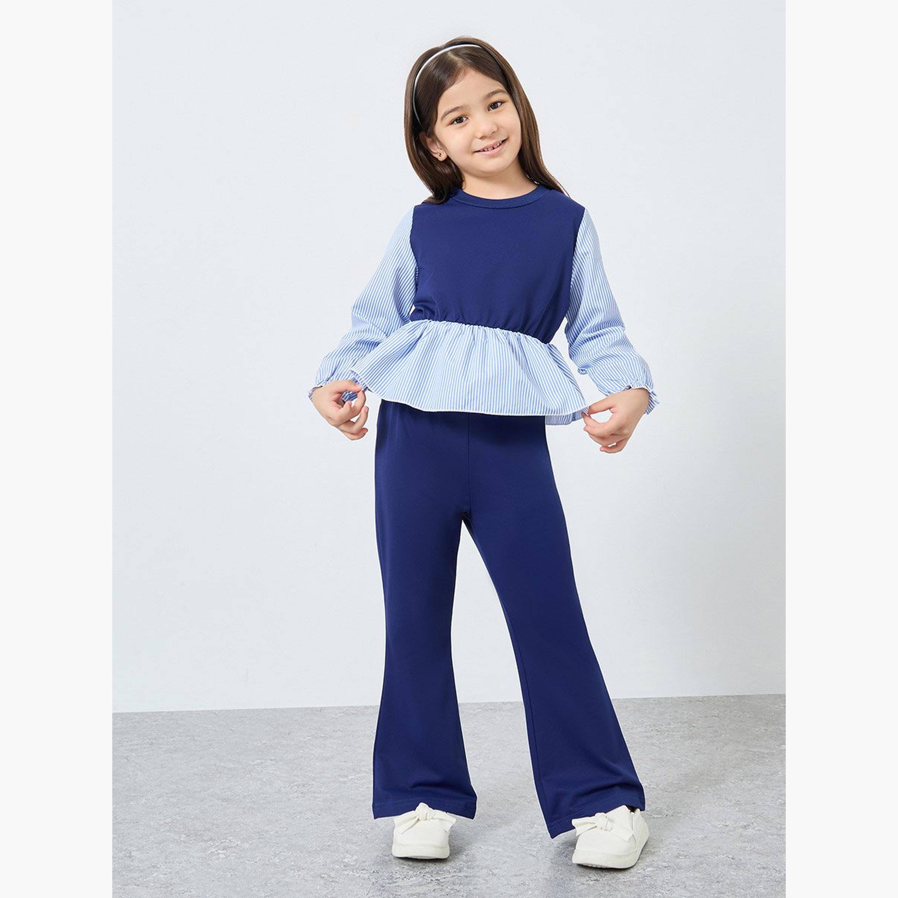 ستايلي - طقم بناتي من بلوزة زرقاء داكنة وبنطال ضيق واسع-girls-clothing-setsandcoords-image-1