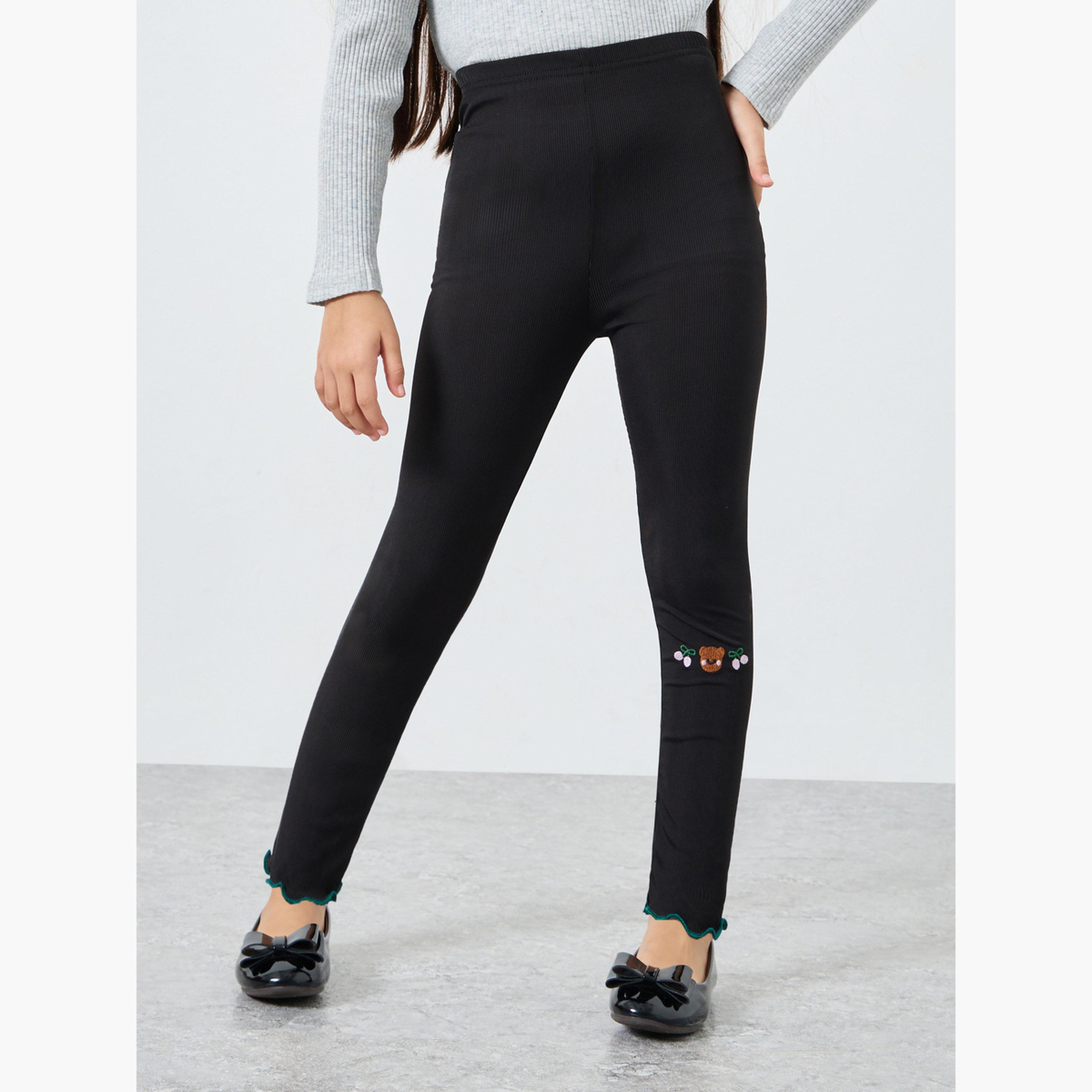Styli Girls Black Bear Embroidery Leggings-girls-clothing-bottoms-leggings-image-1