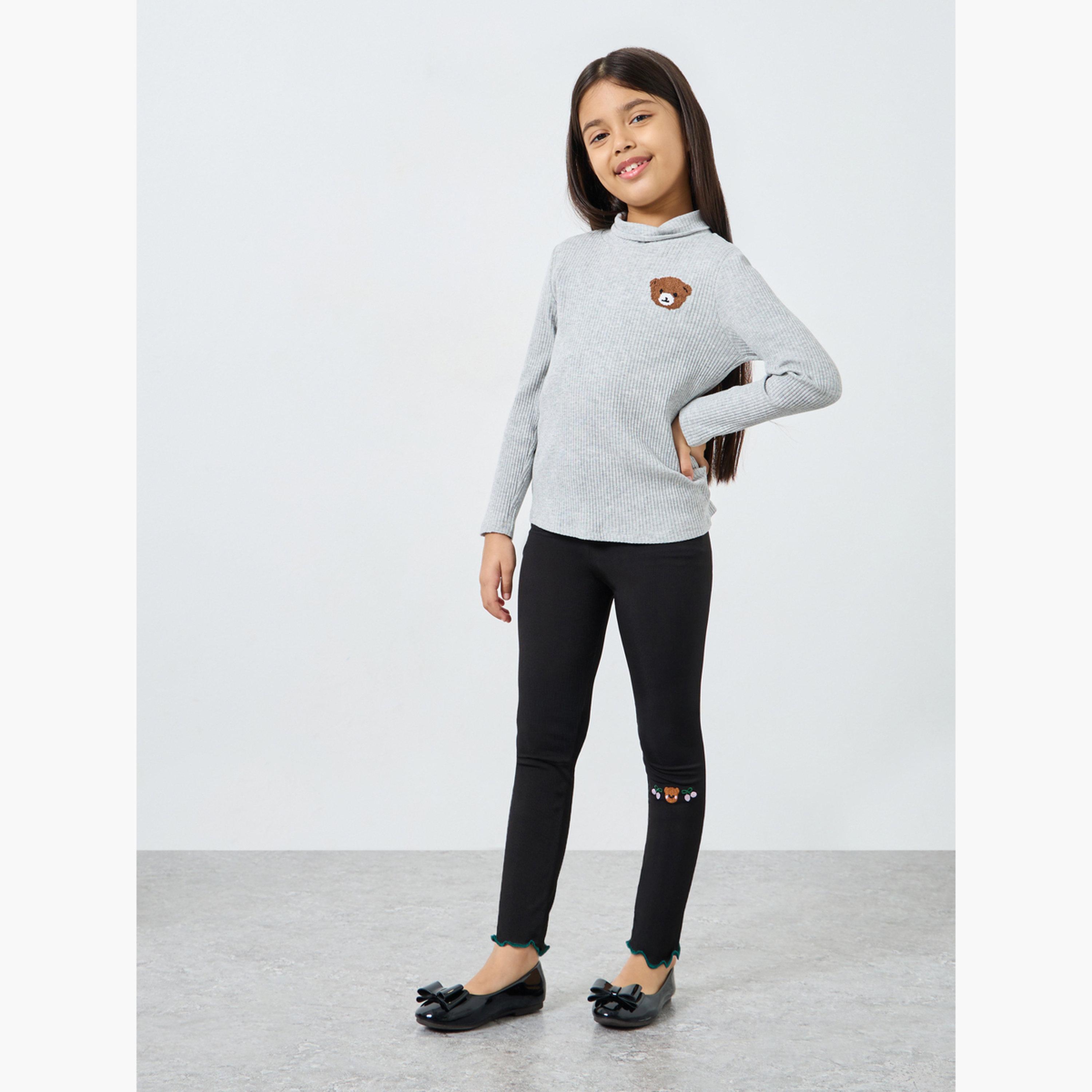 ستايلي - بنطال ليجنز مطرز بدب أسود للبنات-girls-clothing-bottoms-leggings-image-2