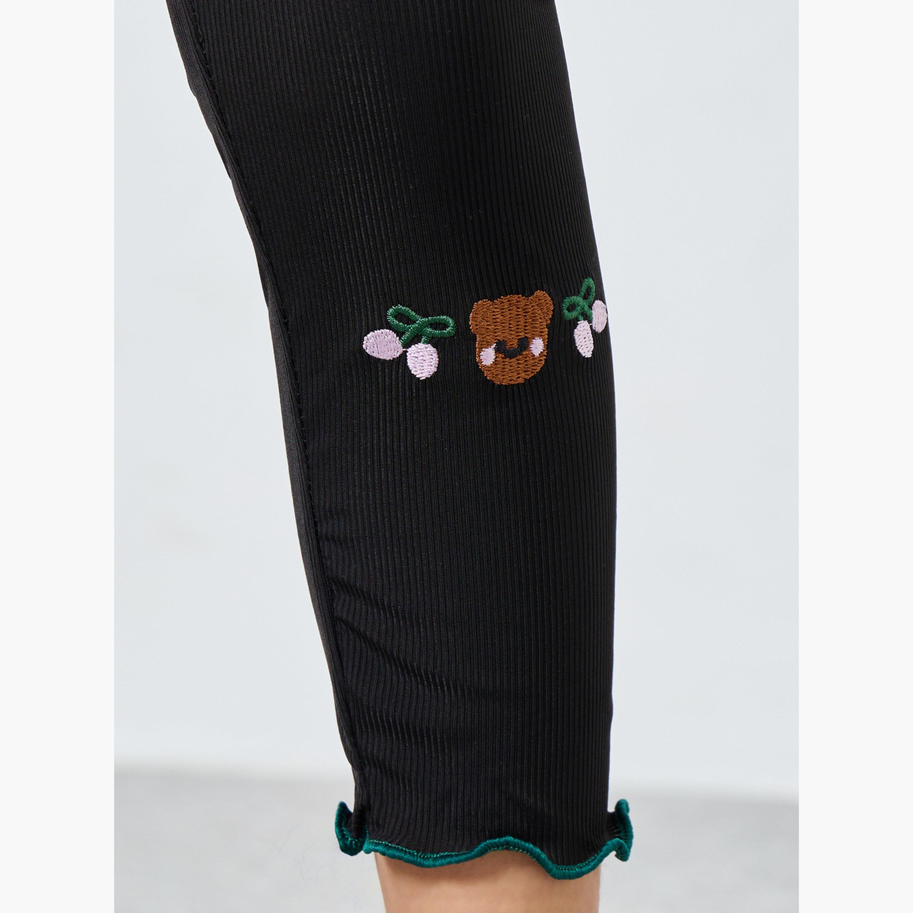Styli Girls Black Bear Embroidery Leggings-girls-clothing-bottoms-leggings-image-3