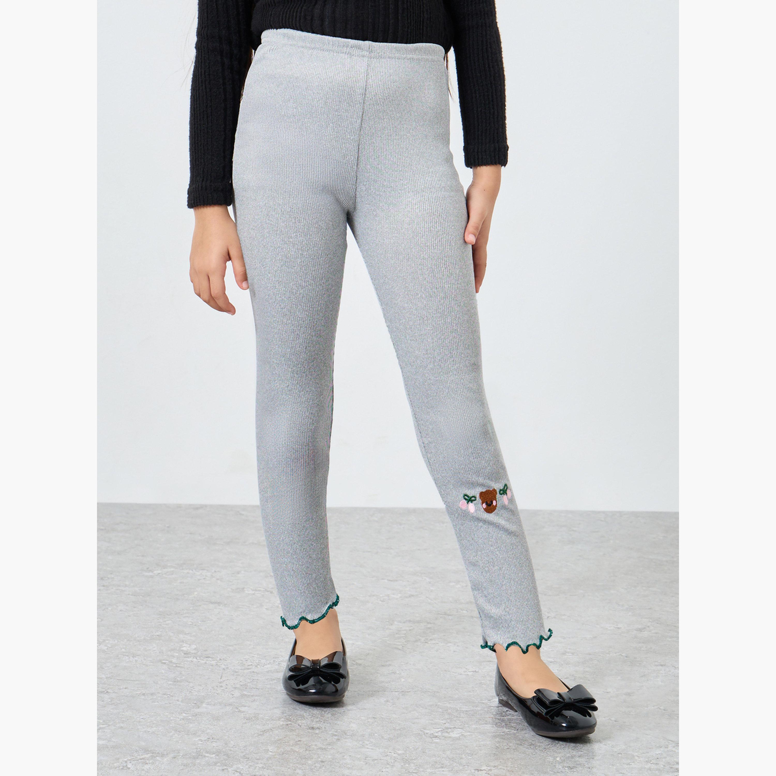 ستايلي - بنطال جينز مطرز بدب رمادي للبنات-girls-clothing-bottoms-leggings-image-1