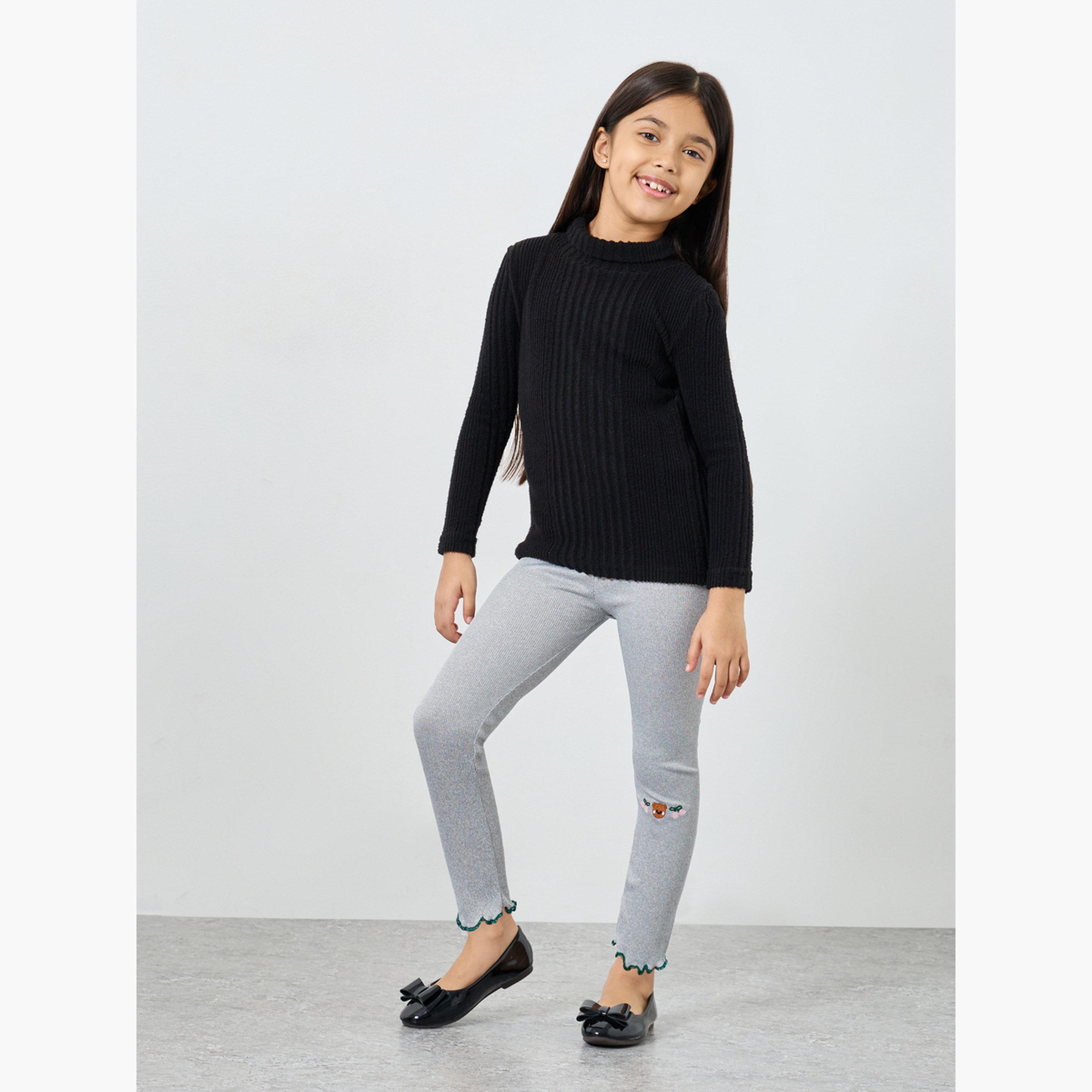 ستايلي - بنطال جينز مطرز بدب رمادي للبنات-girls-clothing-bottoms-leggings-image-2