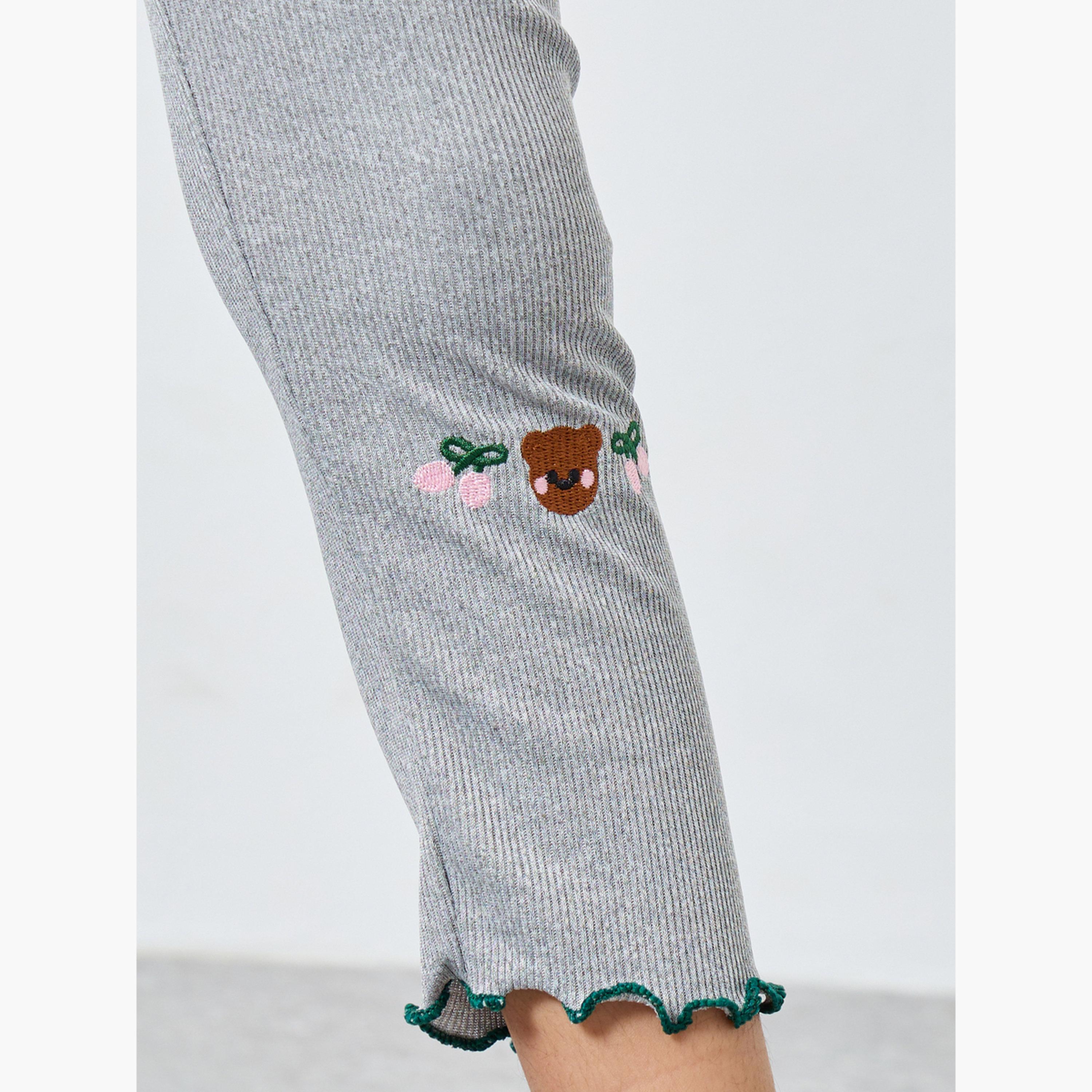 Styli Girls Grey Bear Embroidery Leggings-girls-clothing-bottoms-leggings-image-3