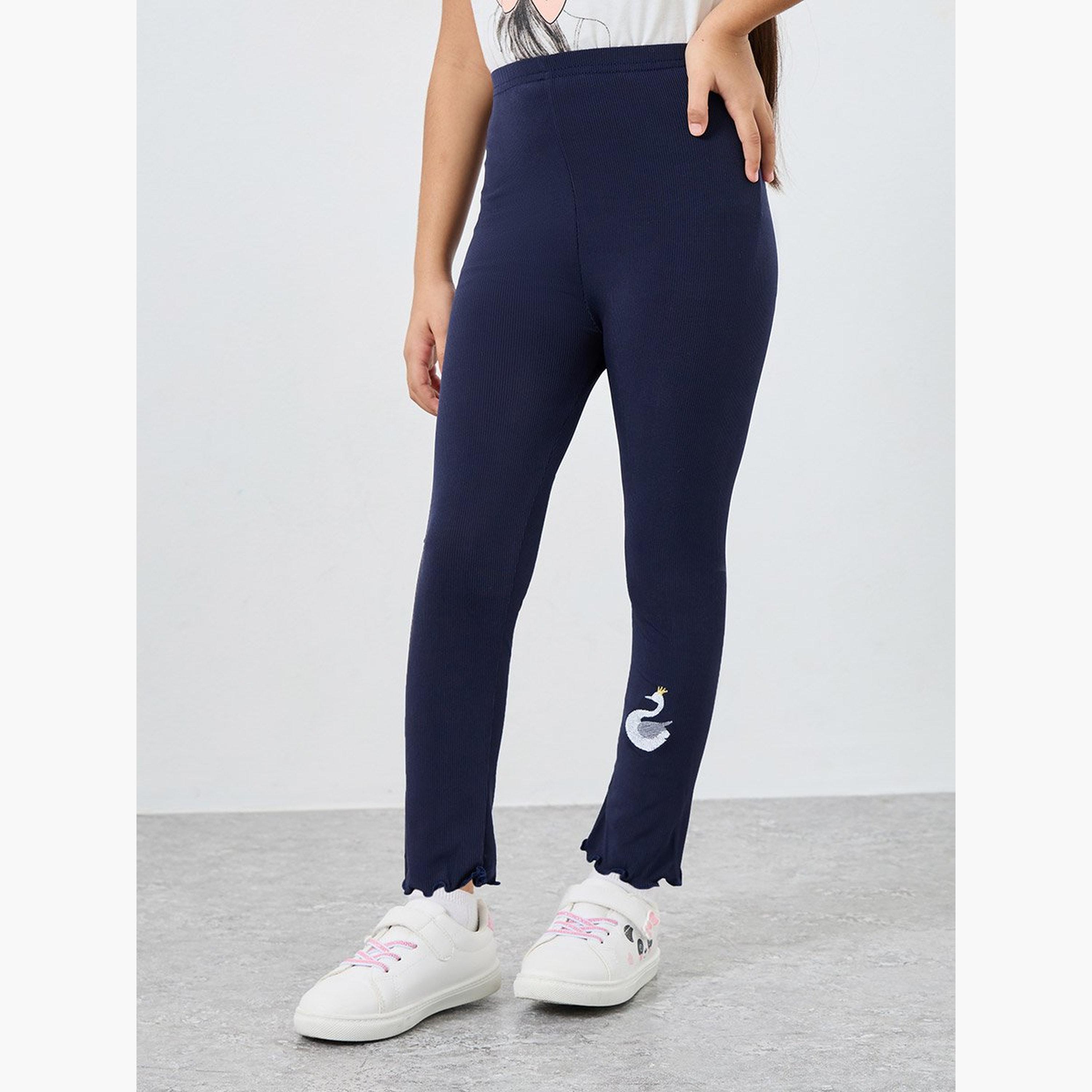 Styli Girls Navy Swan Embroidery Leggings-girls-clothing-bottoms-leggings-image-1
