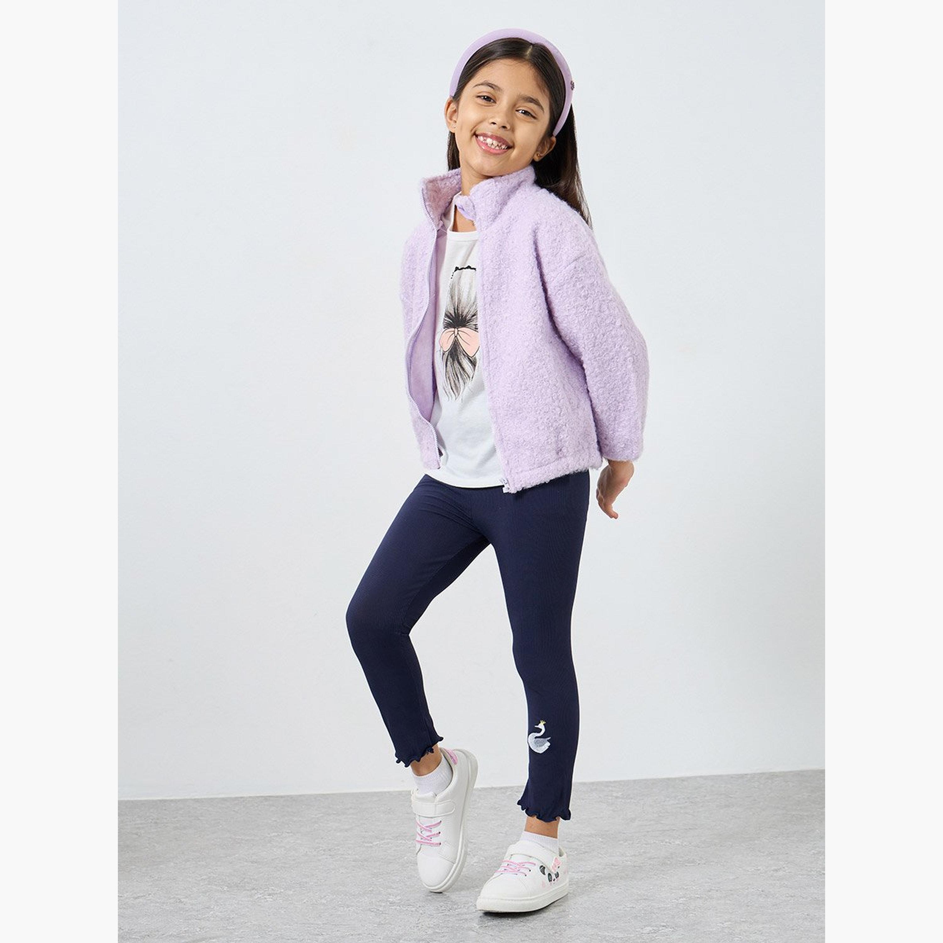 ستايلي - فيزون (ليقنز) مطرز بنقشة بجعة لون أزرق البحري للبنات-girls-clothing-bottoms-leggings-image-2