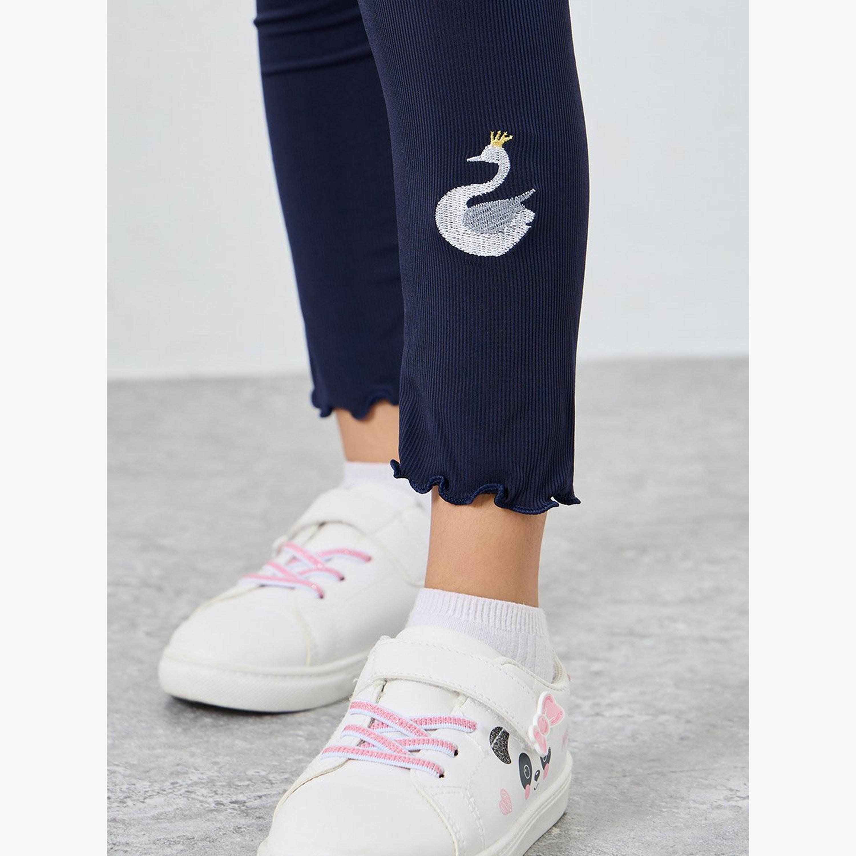 ستايلي - فيزون (ليقنز) مطرز بنقشة بجعة لون أزرق البحري للبنات-girls-clothing-bottoms-leggings-image-3