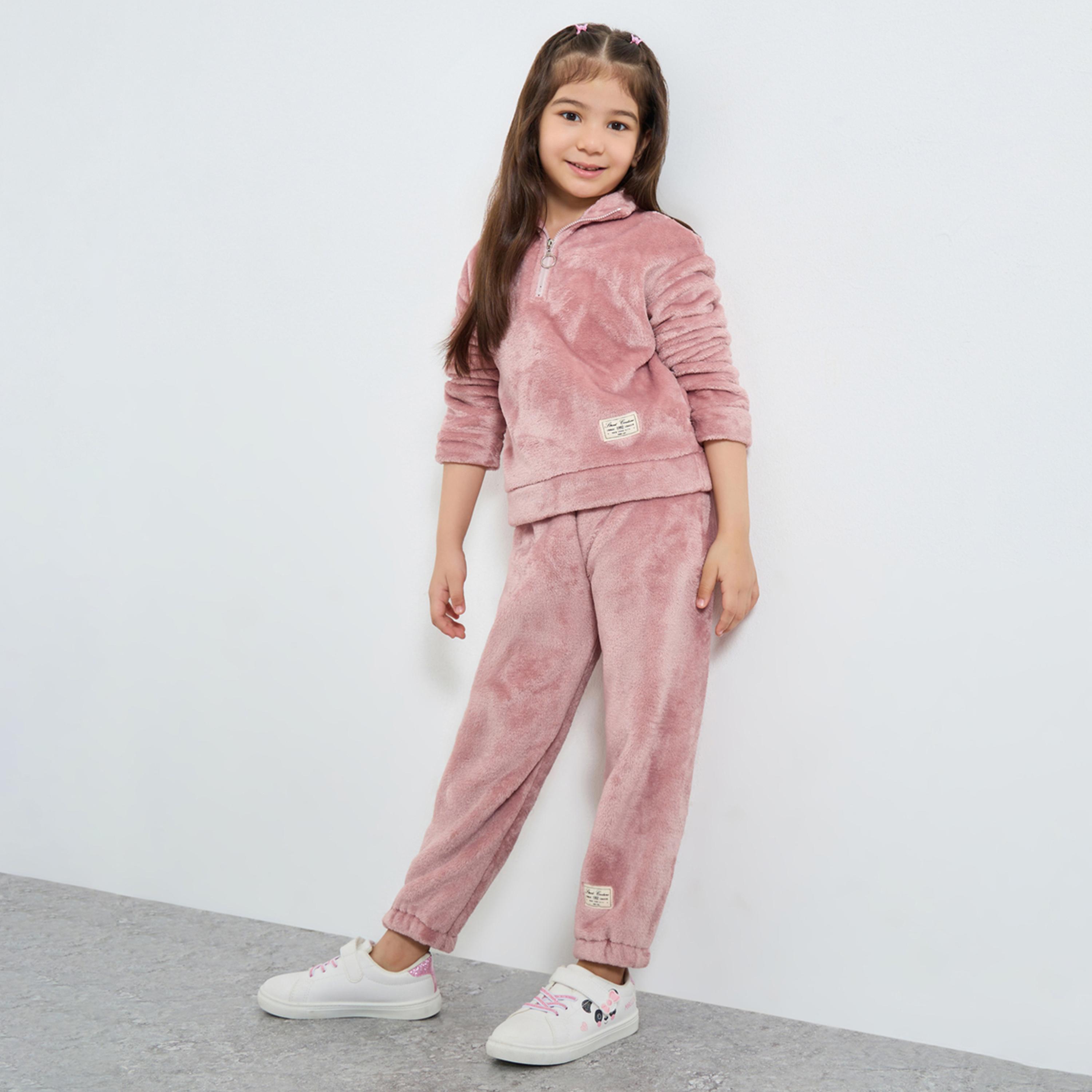 Styli Girls Plain Faux Fur Half-Zip Front Sweatshirt and Joggers Set-girls-clothing-setsandcoords-image-1