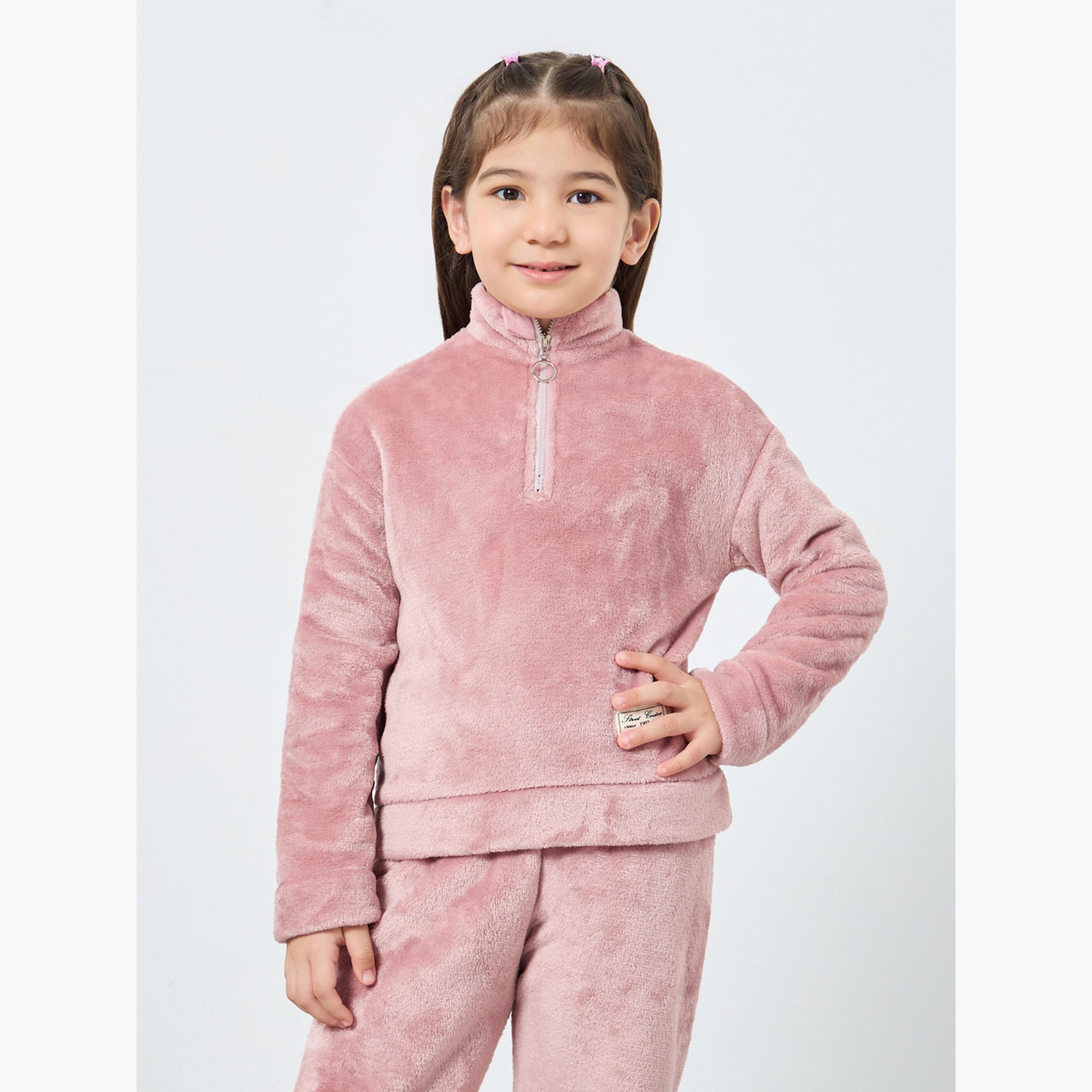 ستايلي - طقم سويت شيرت وبنطال رياضي من الفرو الصناعي بنصف سحاب أمامي للبنات-girls-clothing-setsandcoords-image-2