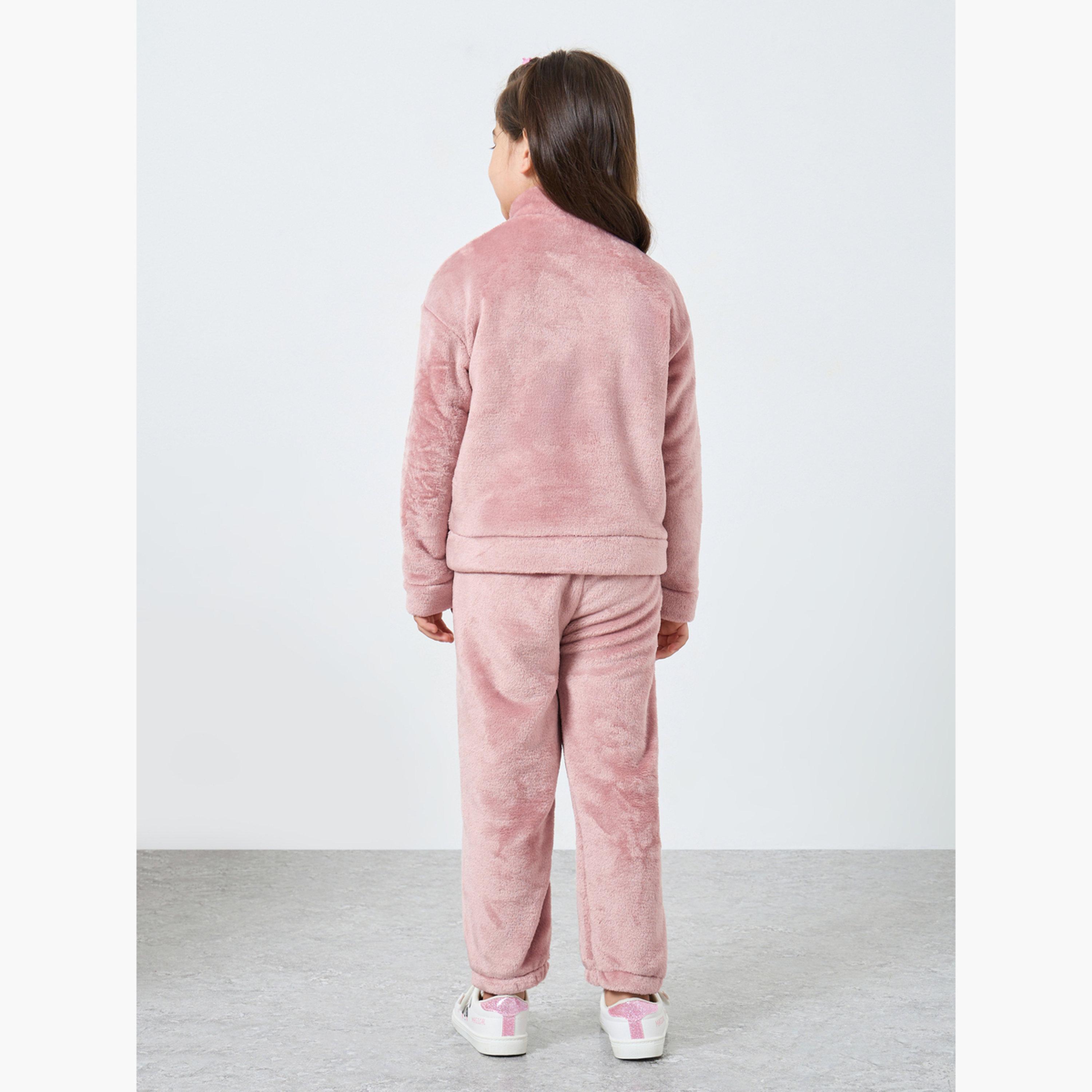ستايلي - طقم سويت شيرت وبنطال رياضي من الفرو الصناعي بنصف سحاب أمامي للبنات-girls-clothing-setsandcoords-image-6
