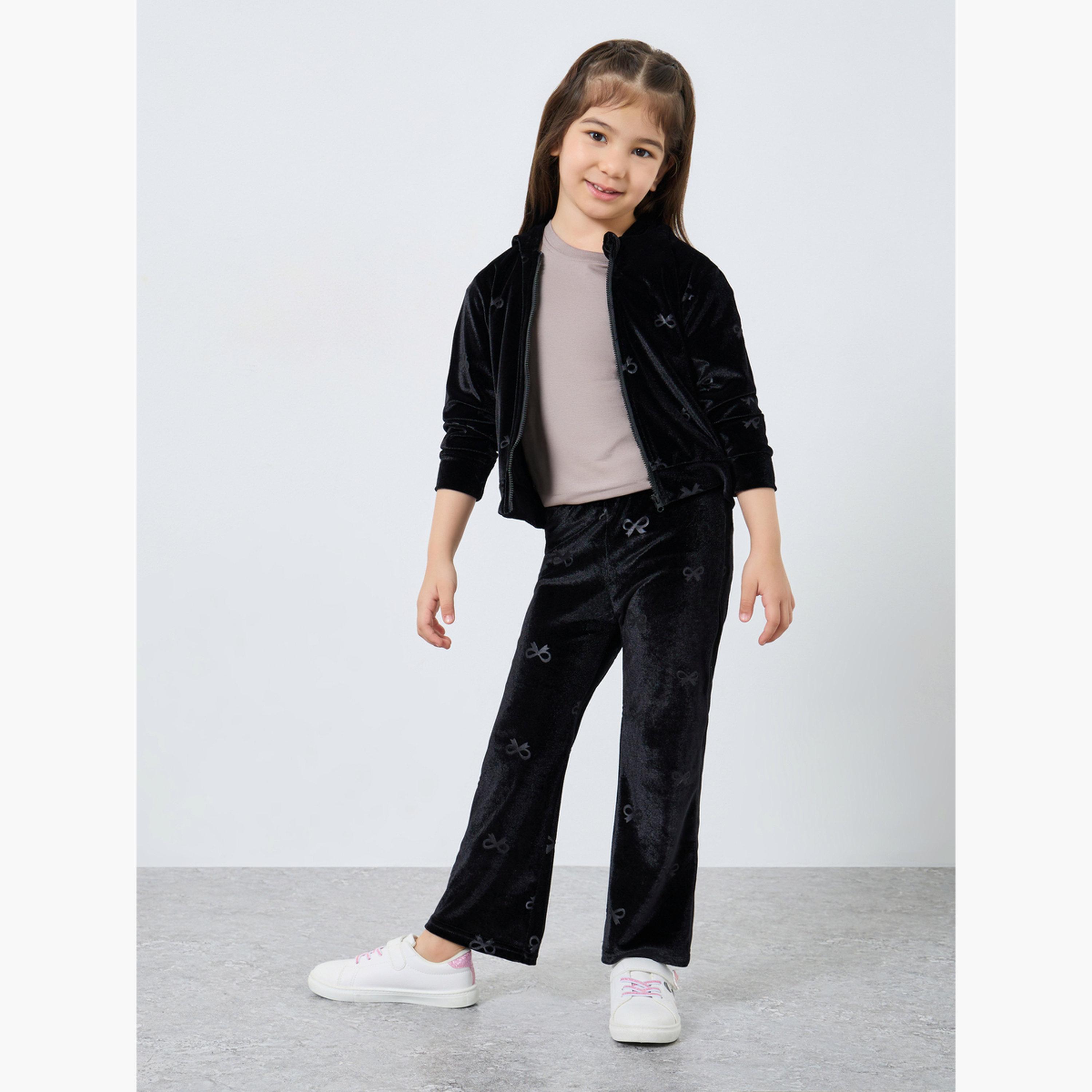 ستايلي - طقم سويت شيرت وبنطال رياضي من المخمل الأسود للبنات-girls-clothing-setsandcoords-image-1