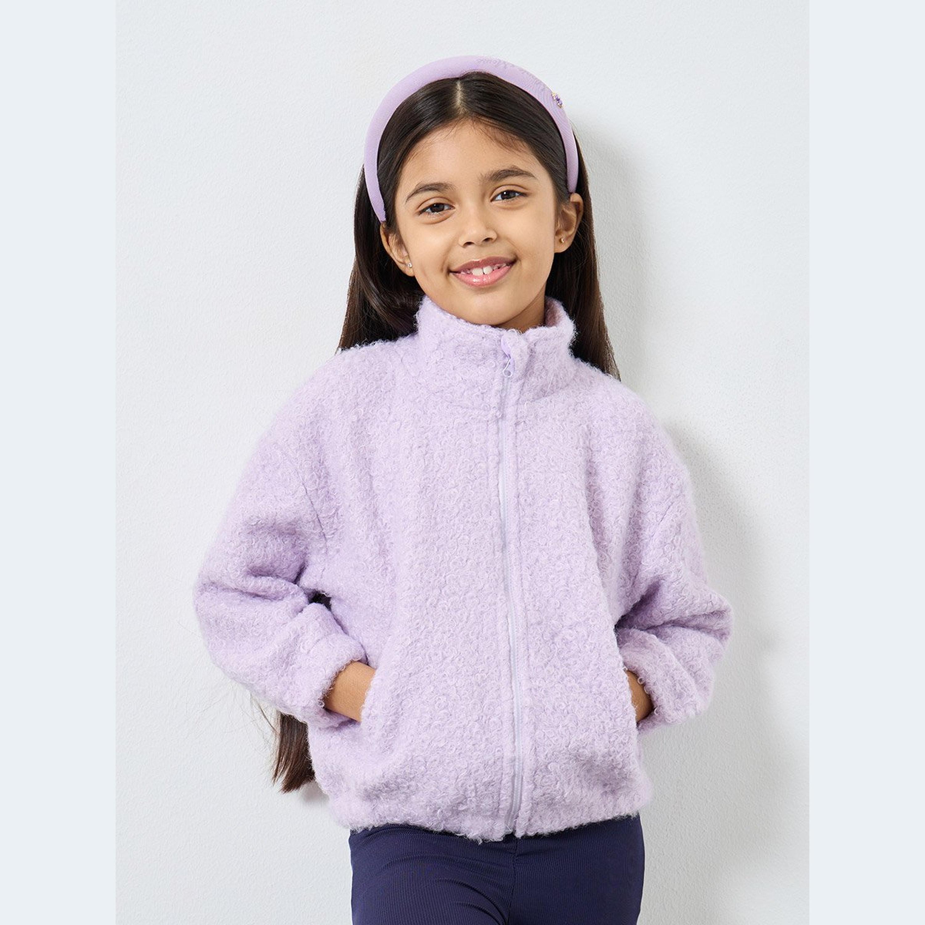 Styli Lilac Plain Faux Fur Zip Front Jacket-girls-clothing-jacketsandcoats-image-1