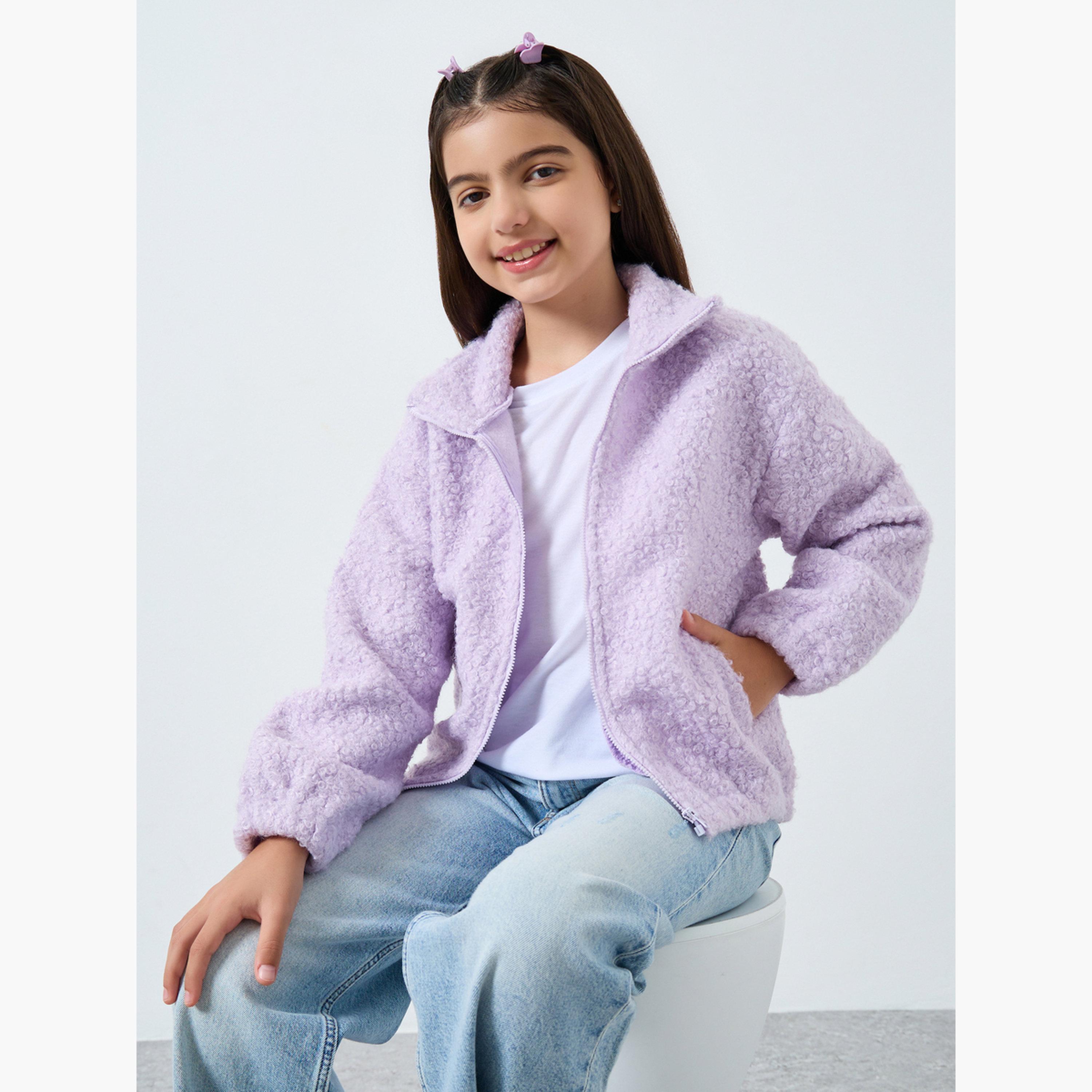 Styli Teens Lilac Furry Jacket with Collar-girls-clothing-jacketsandcoats-image-3