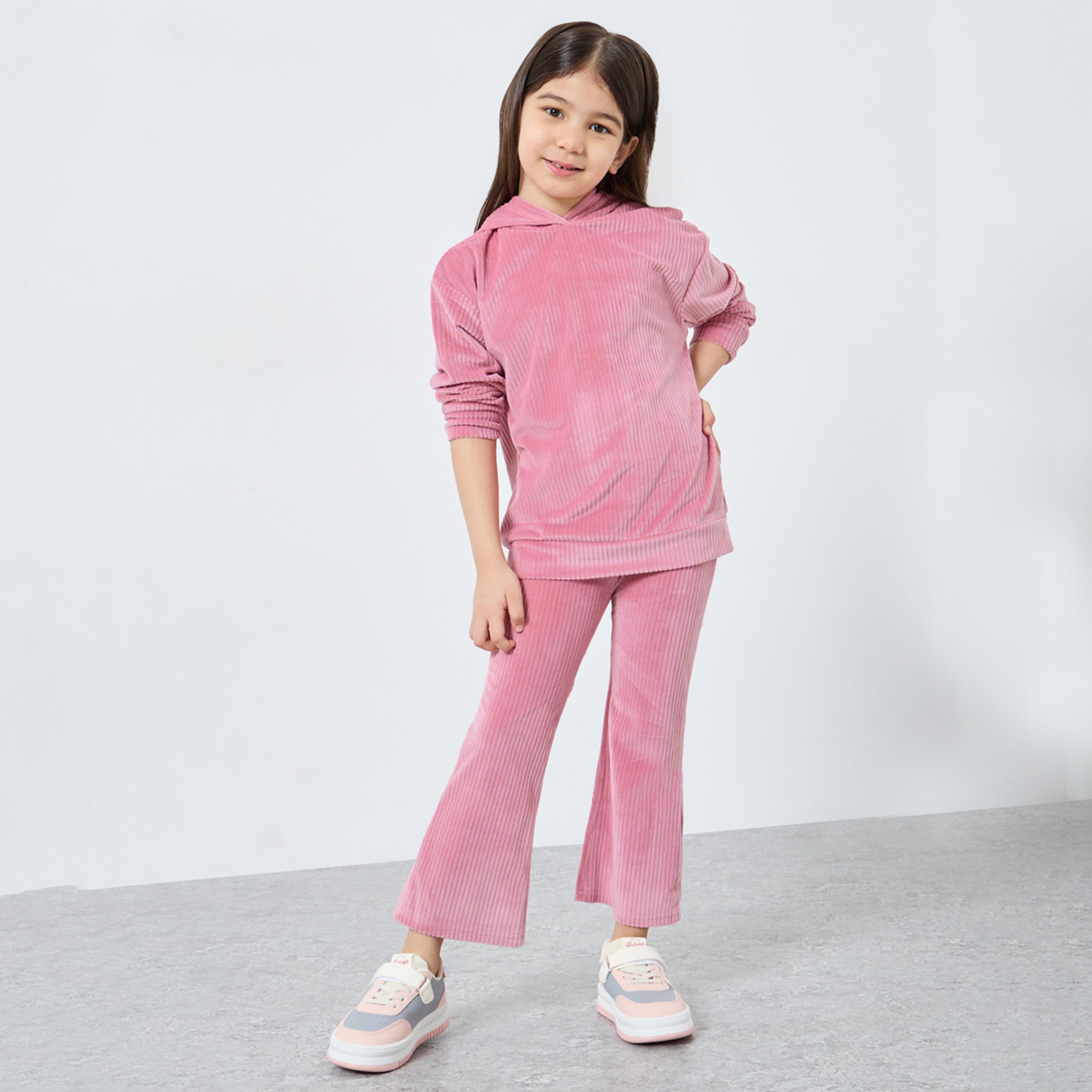 Styli Girls Pink Corduroy Hoodie and Flared Legging Set-girls-clothing-setsandcoords-image-1
