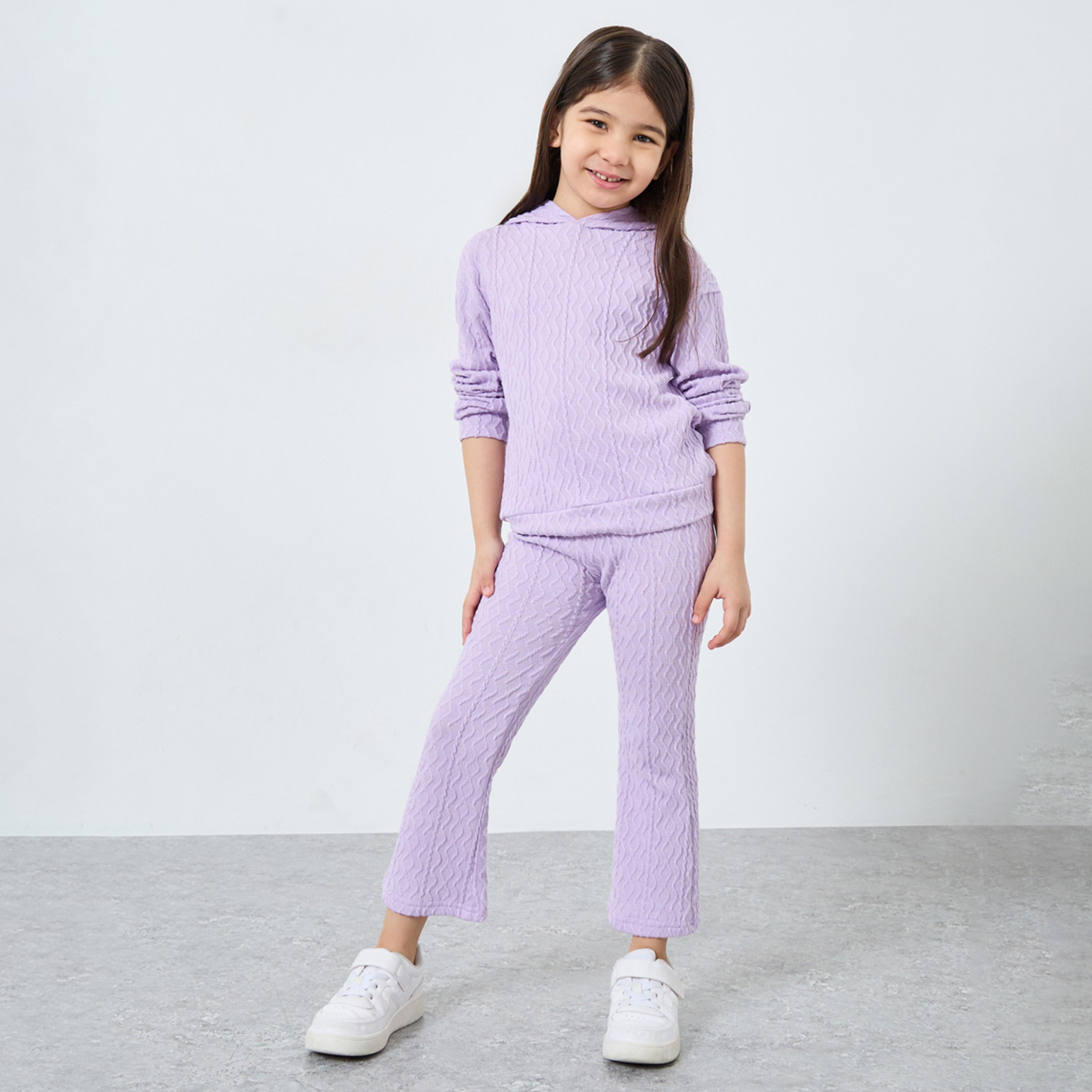Styli Girls Lilac Textured Hoodie and Flared Leggings Set-girls-clothing-setsandcoords-image-1