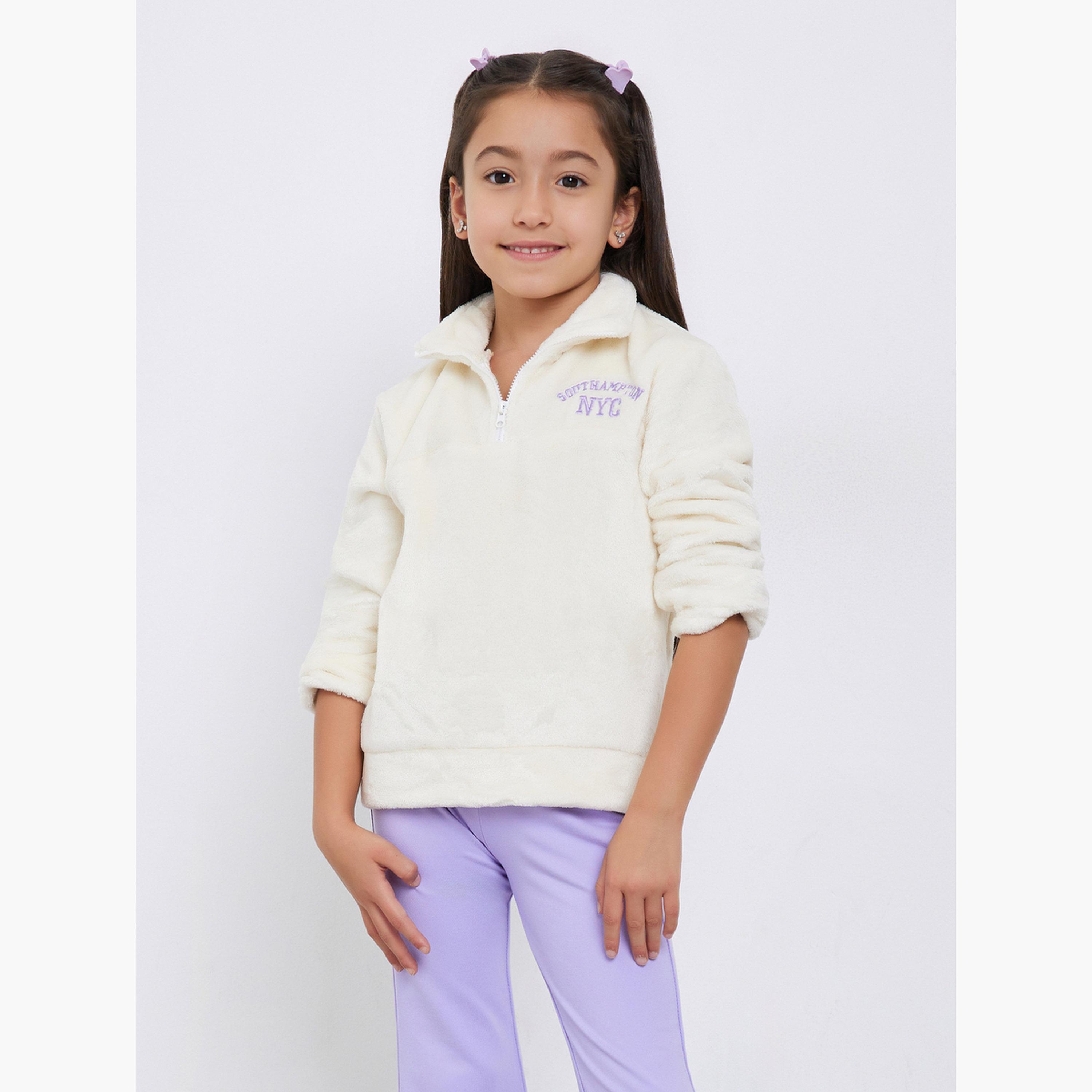 Styli Girls Faux Fur Sweatshirt and Flared Leggings Set with Southampton NYC Embroidery-girls-clothing-setsandcoords-image-2
