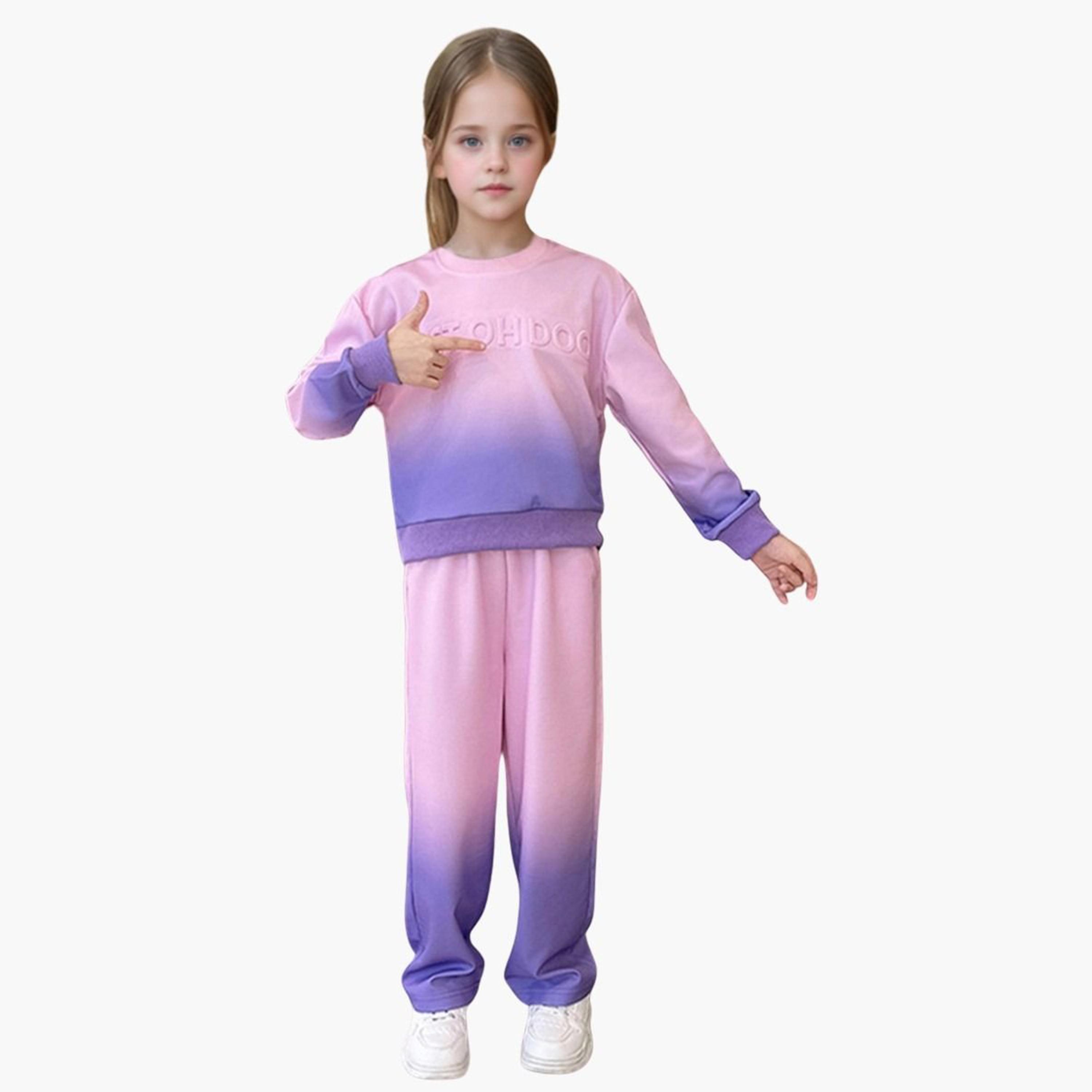 تيك تو - طقم سويت شيرت وبنطال بمظهر متدرج للبنات-girls-clothing-setsandcoords-image-1