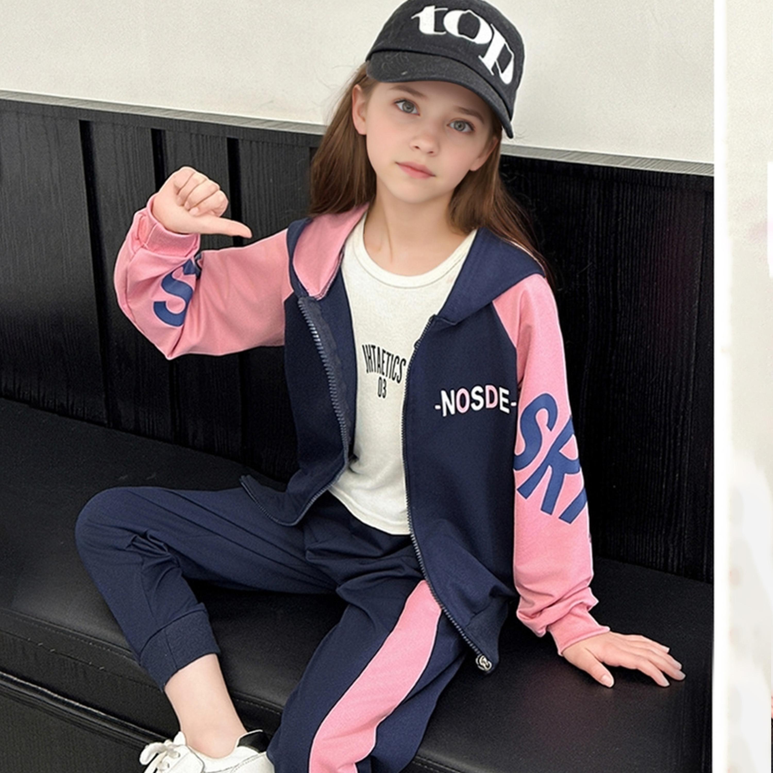تيك تو - طقم جاكيت بغطاء رأس وبنطال رياضي للبنات لون أزرق بحري-girls-clothing-setsandcoords-image-2