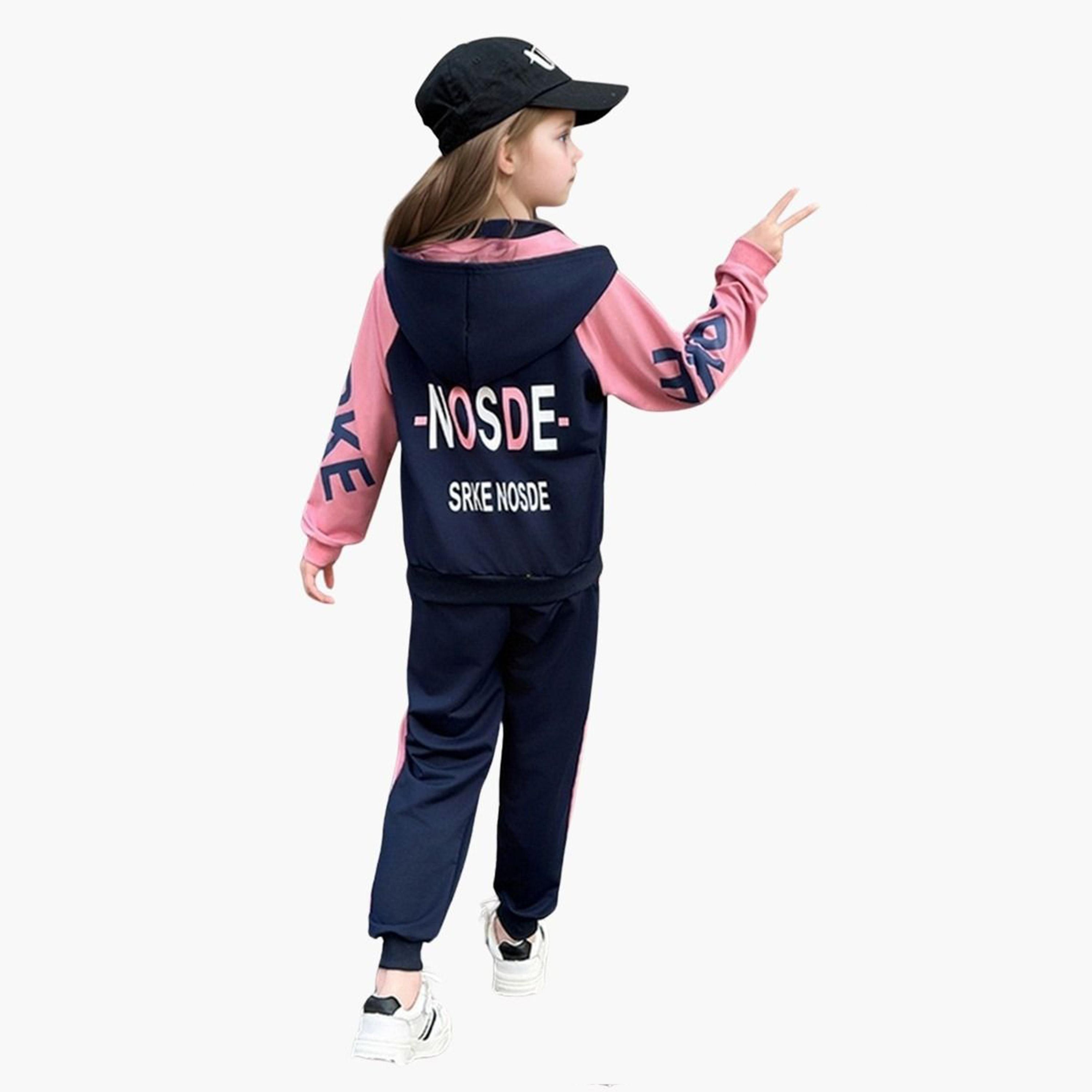 تيك تو - طقم جاكيت بغطاء رأس وبنطال رياضي للبنات لون أزرق بحري-girls-clothing-setsandcoords-image-3