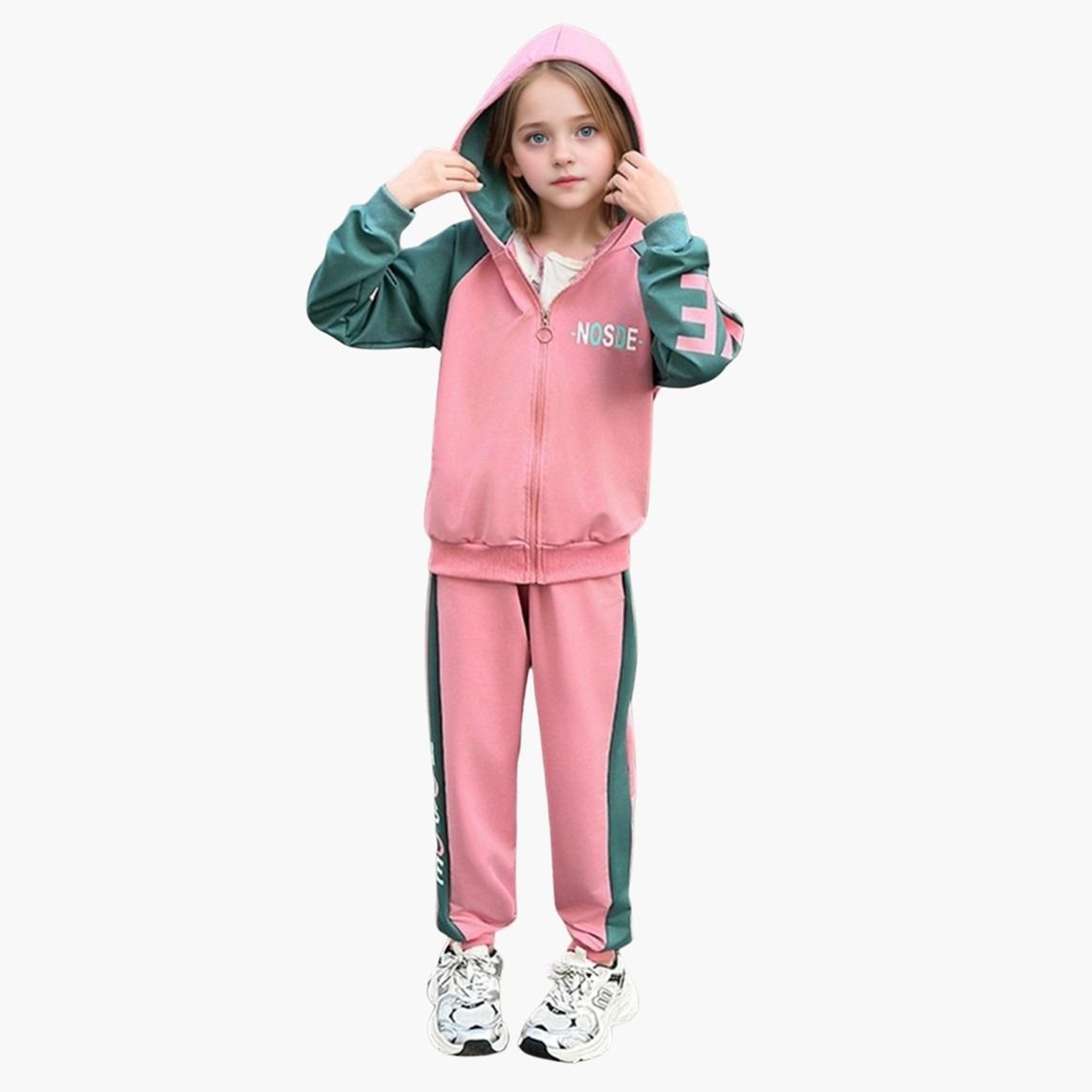 تيك تو - طقم جاكيت بغطاء رأس وبنطال رياضي للبنات من مجموعة ألوان وردية-girls-clothing-setsandcoords-image-1