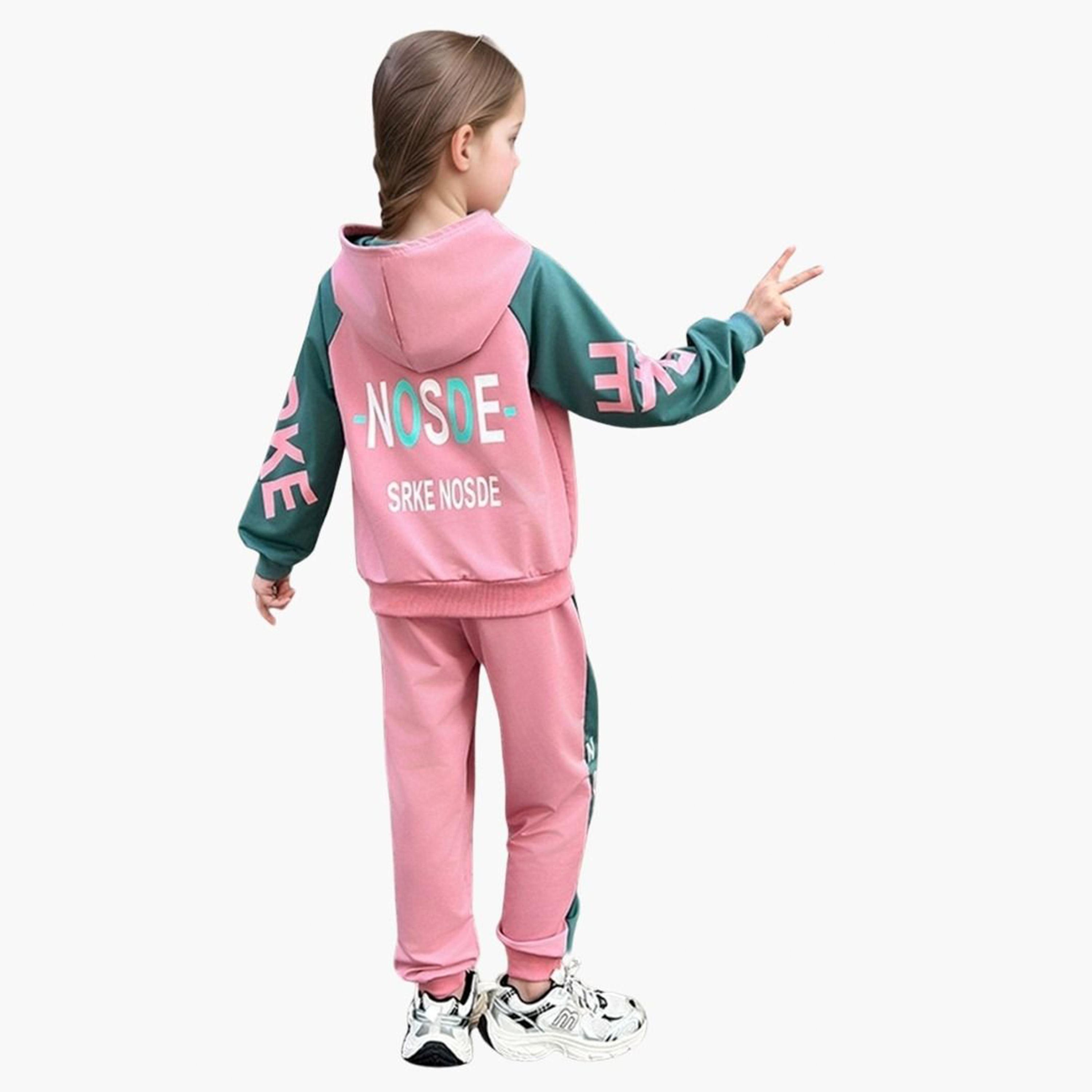 تيك تو - طقم جاكيت بغطاء رأس وبنطال رياضي للبنات من مجموعة ألوان وردية-girls-clothing-setsandcoords-image-5