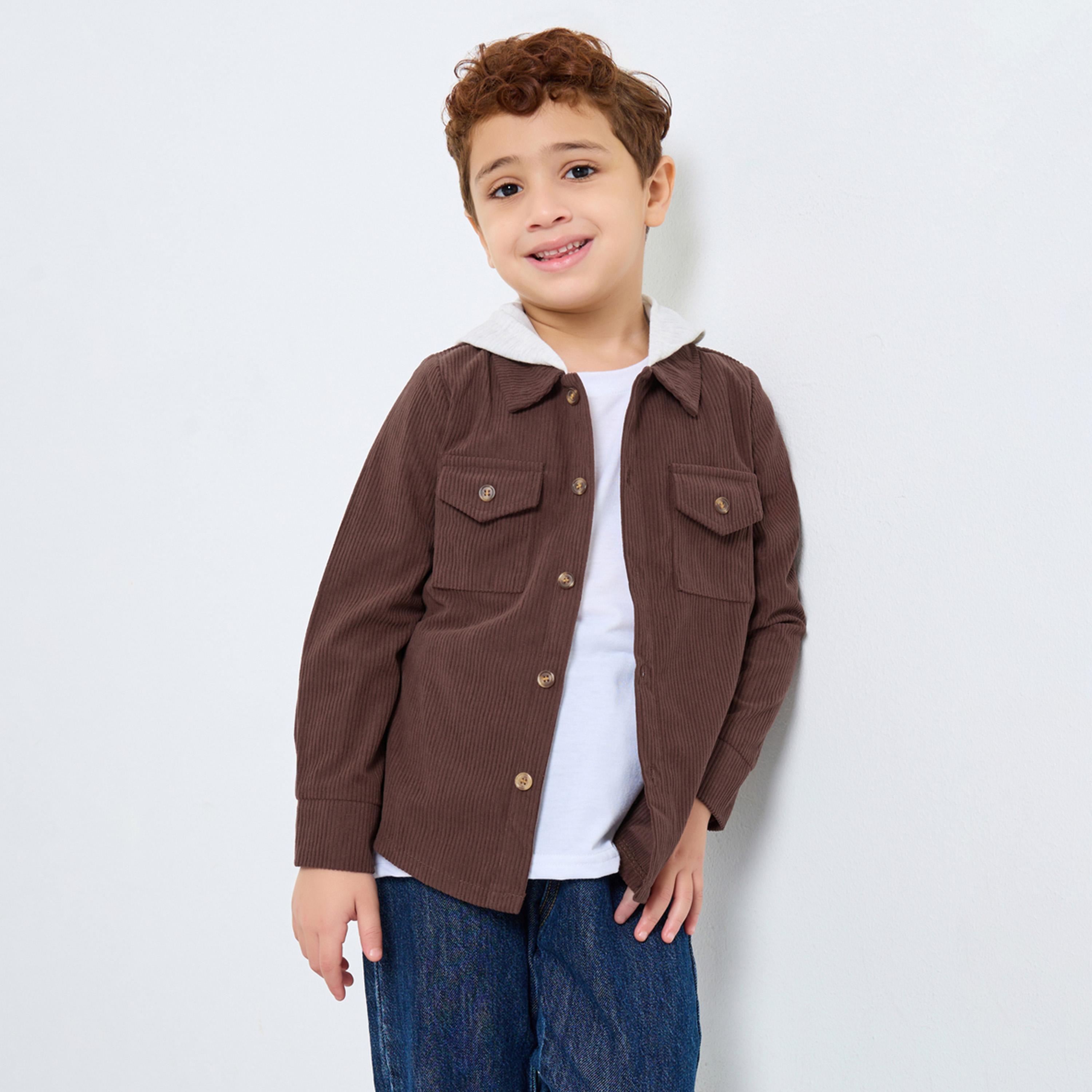 ستايلي - جاكيت بني مخملي بغطاء رأس للأولاد-boys-clothing-shirts-image-1