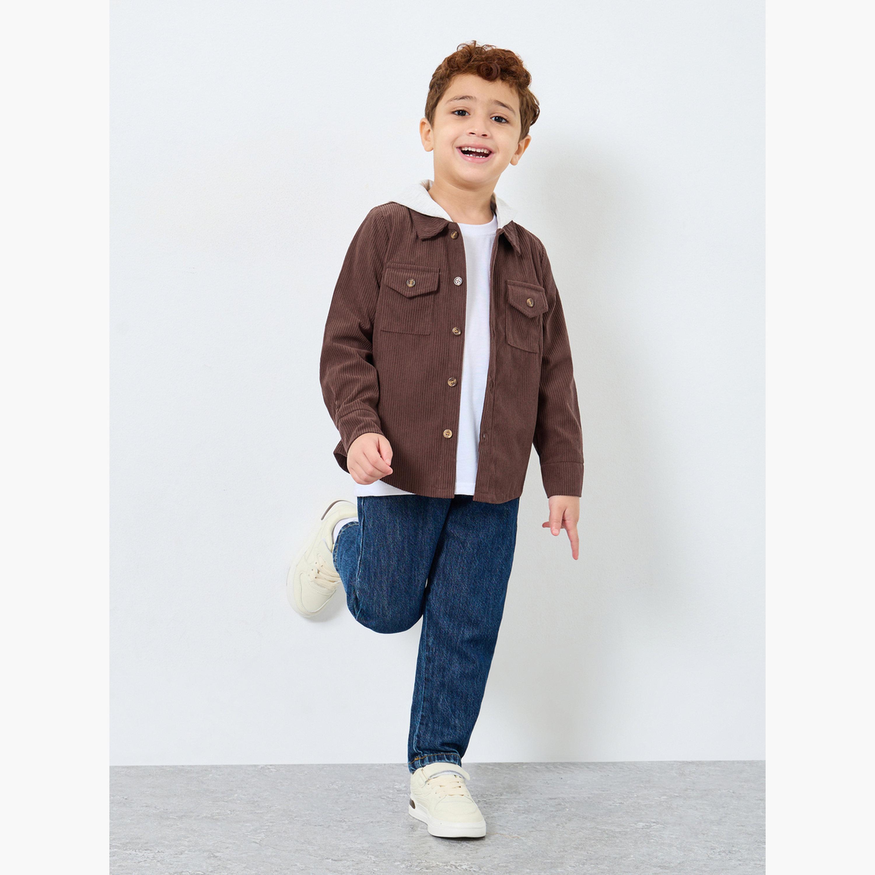 Styli Textured Hooded Neck Long Sleeves Boy's Button Through Shacket-boys-clothing-shirts-image-2