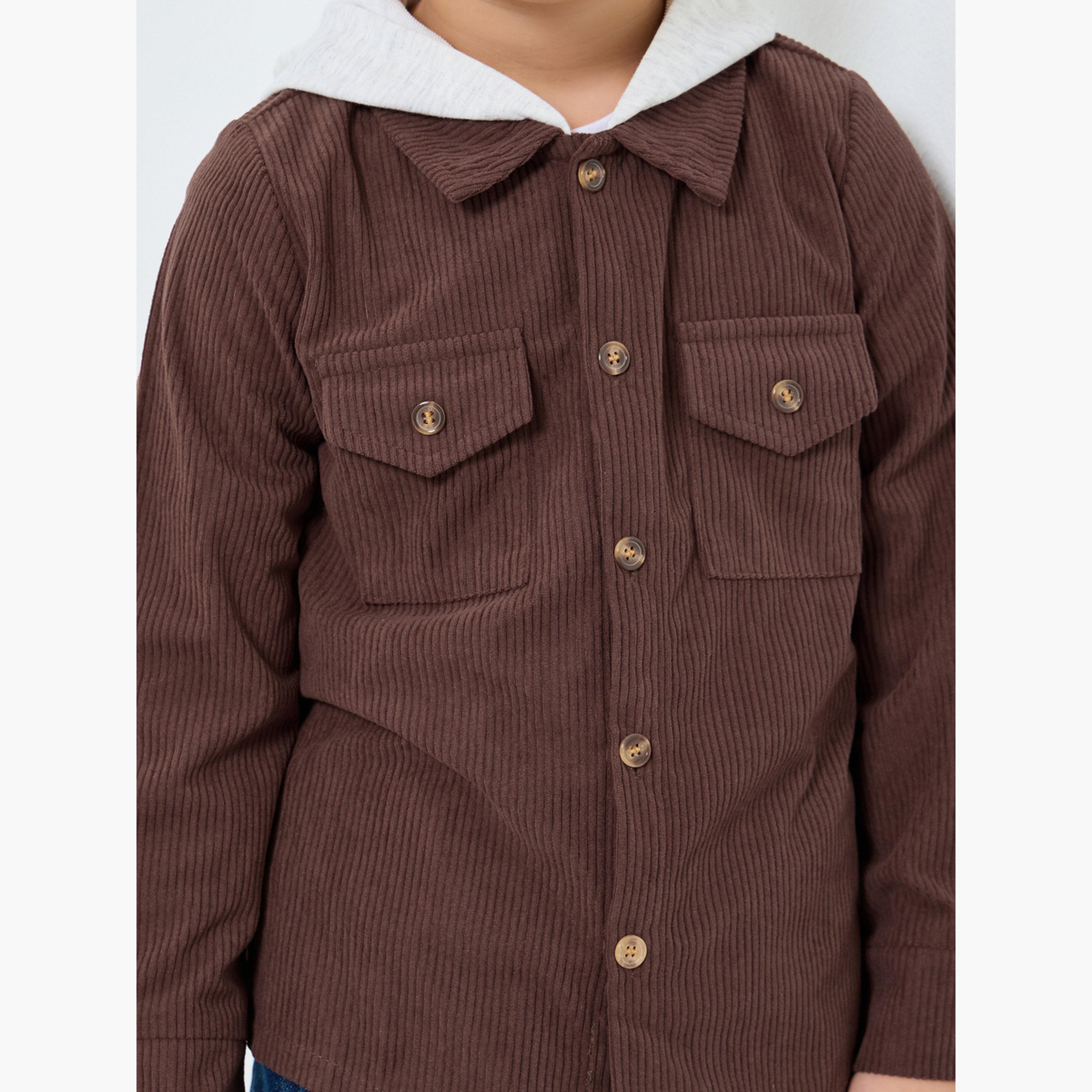 Styli Textured Hooded Neck Long Sleeves Boy's Button Through Shacket-boys-clothing-shirts-image-4