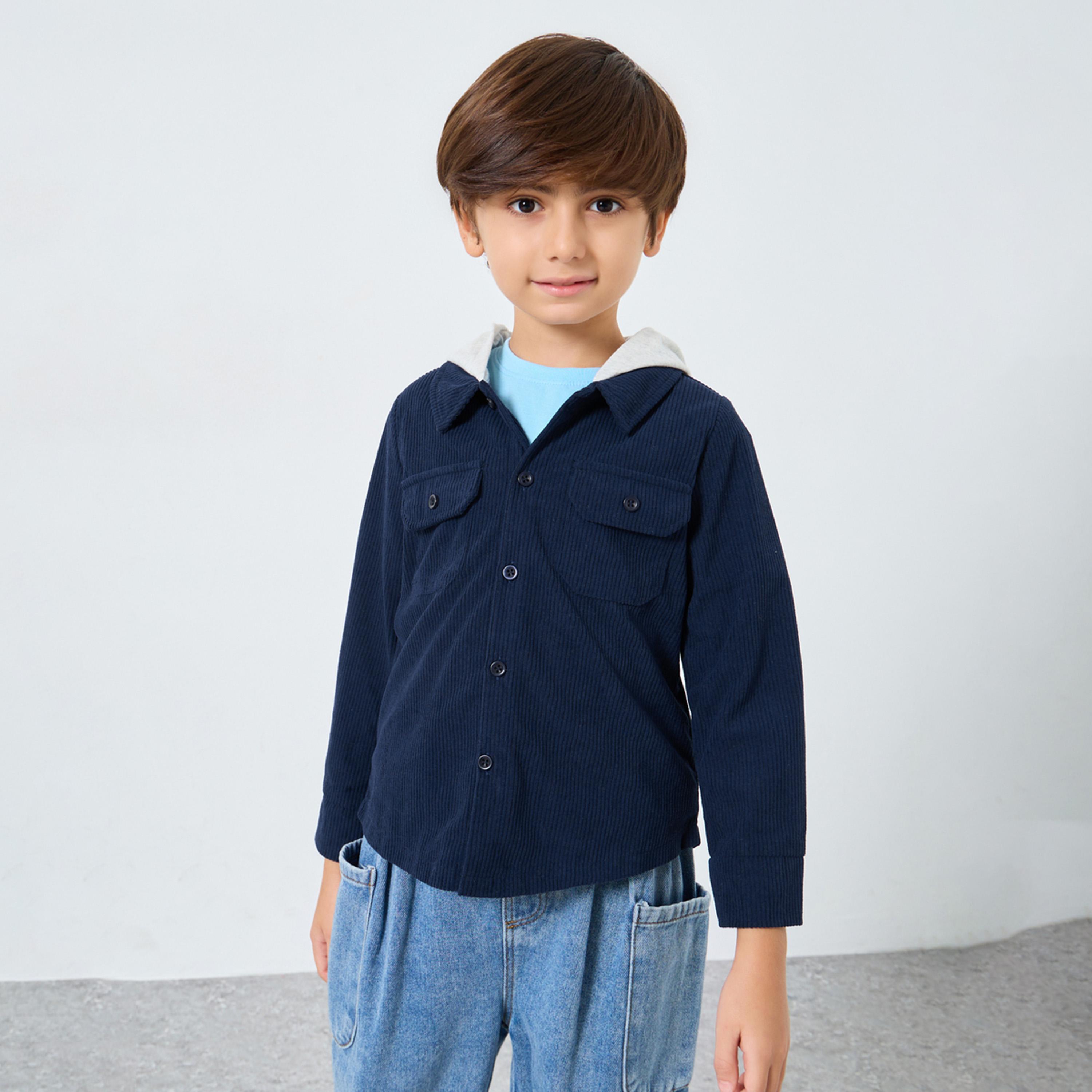 ستايلي - جاكيت بقلنسوة قماش مخملي أزرق داكن للأولاد-boys-clothing-shirts-image-1