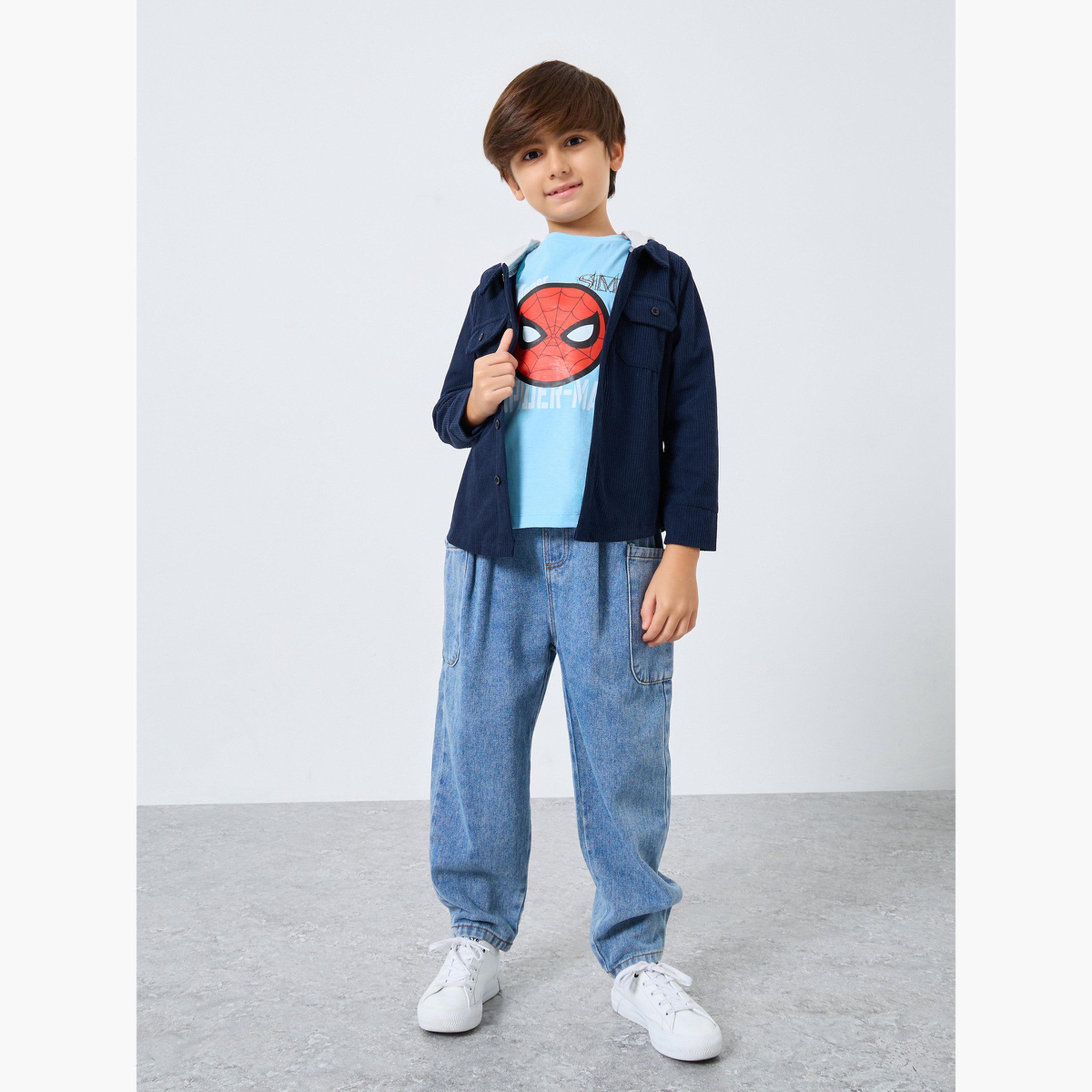 ستايلي - جاكيت بقلنسوة قماش مخملي أزرق داكن للأولاد-boys-clothing-shirts-image-2