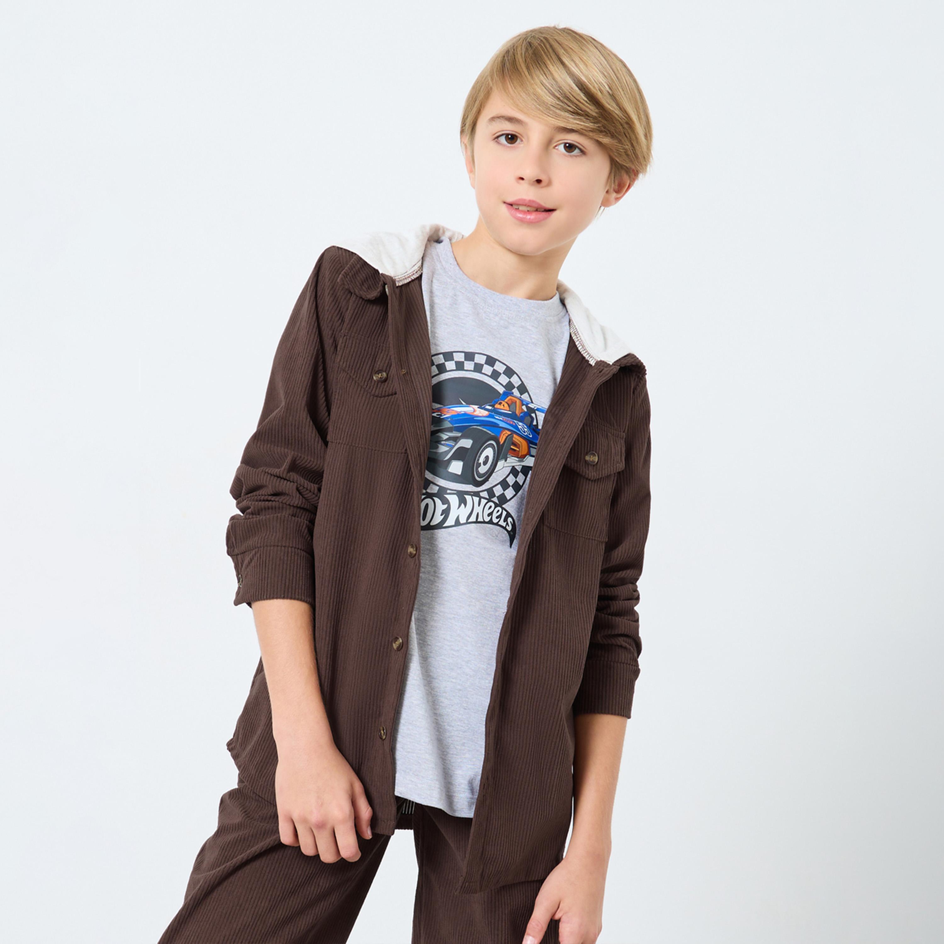 Styli Textured Hooded Neck Long Sleeves Boy's Button Through Shacket-boys-clothing-shirts-image-1