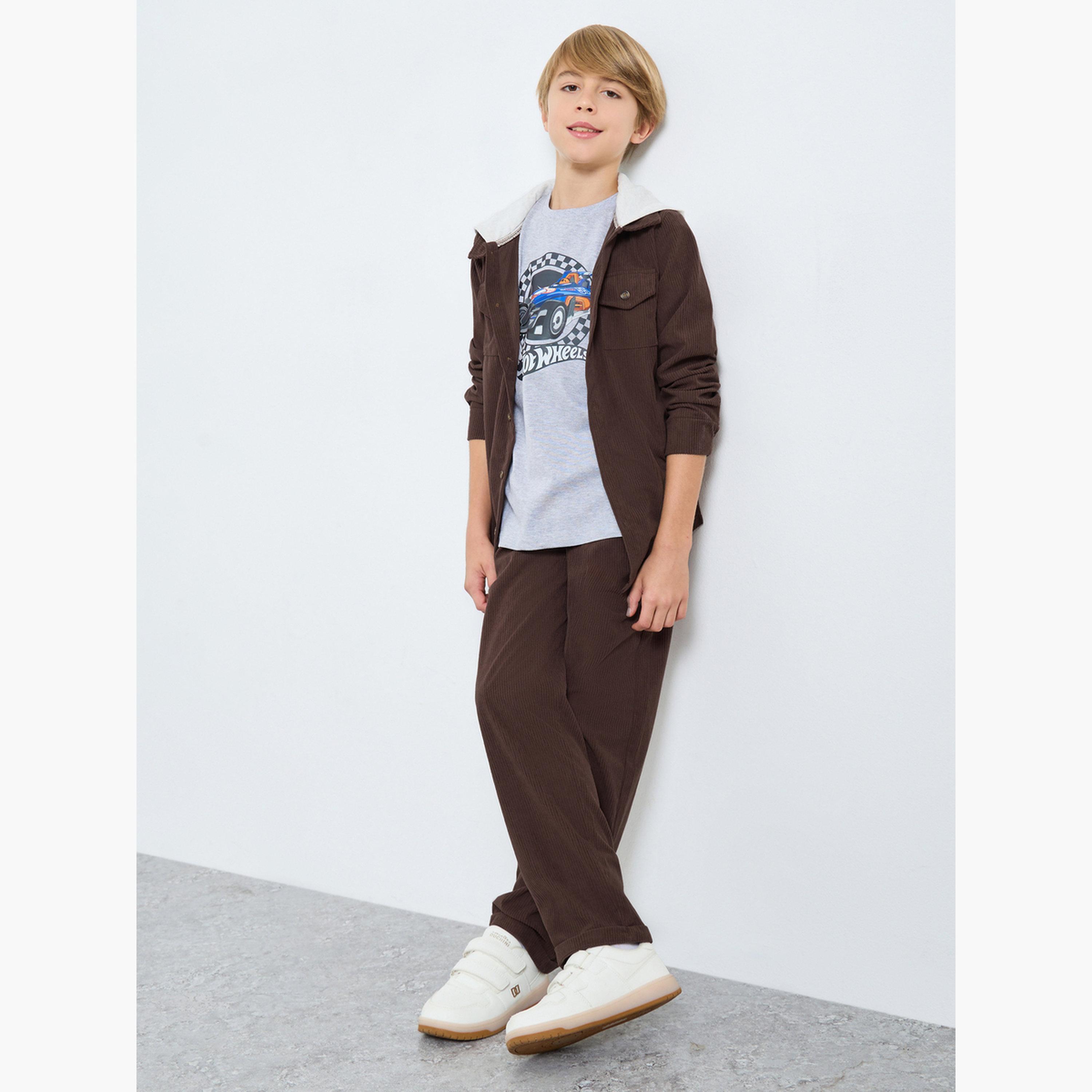 Styli Textured Hooded Neck Long Sleeves Boy's Button Through Shacket-boys-clothing-shirts-image-2