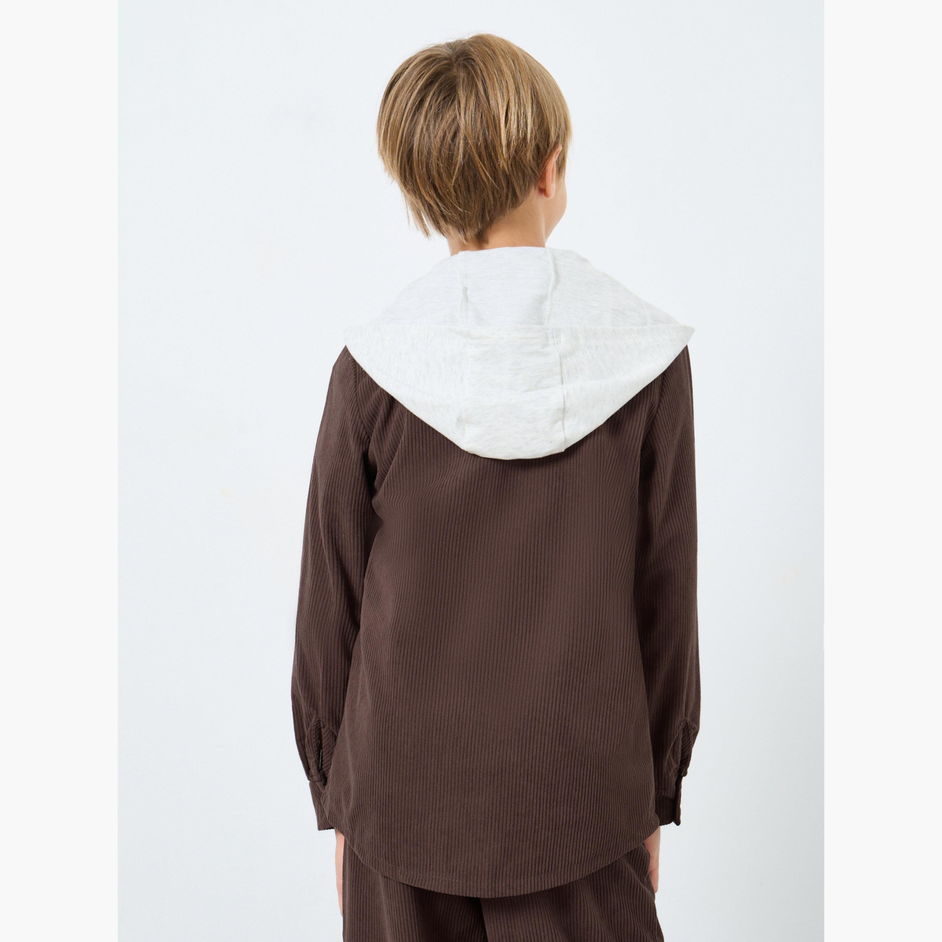 Styli Textured Hooded Neck Long Sleeves Boy's Button Through Shacket-boys-clothing-shirts-image-5