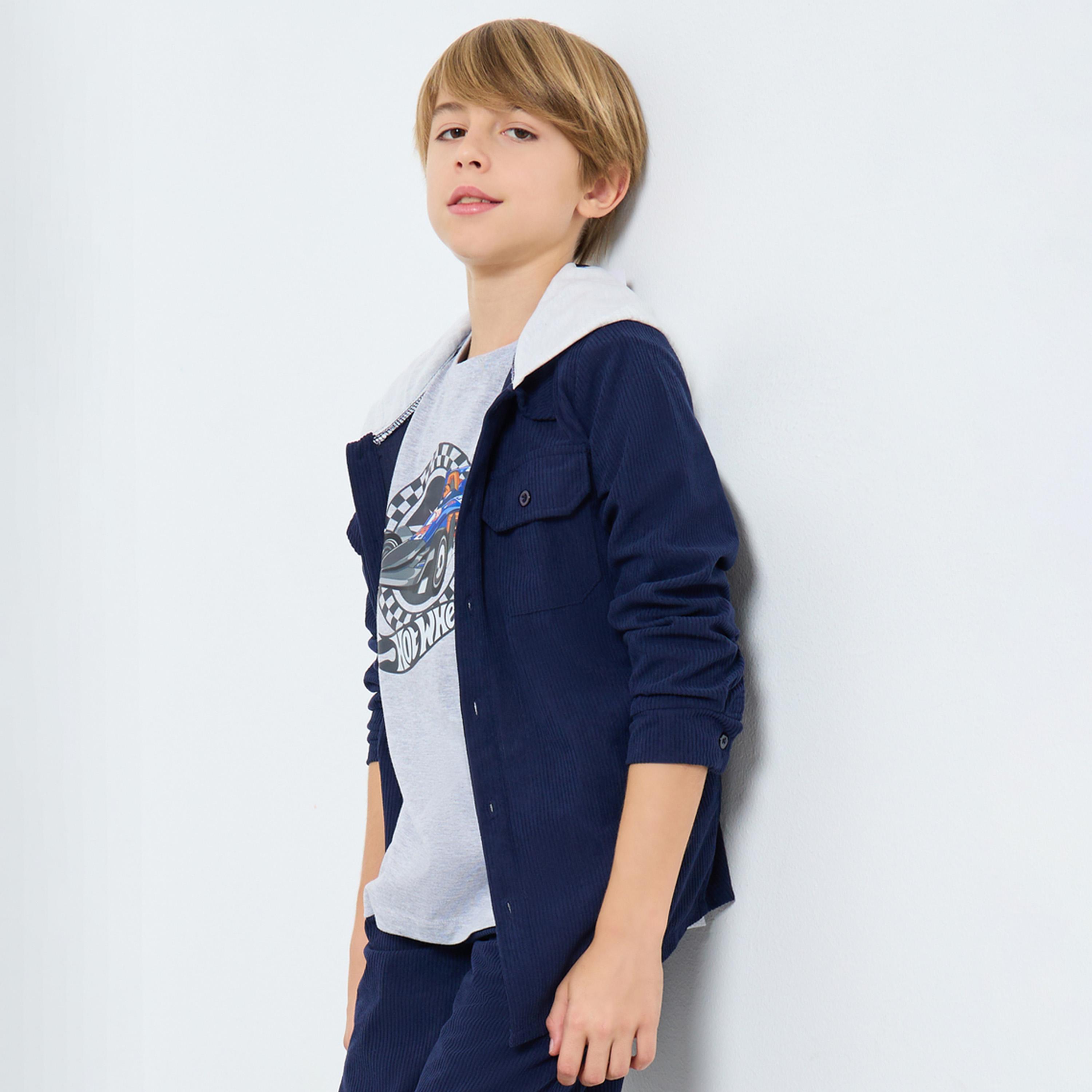 Styli Textured Hooded Neck Long Sleeves Boy's Button Through Shacket-boys-clothing-shirts-image-1