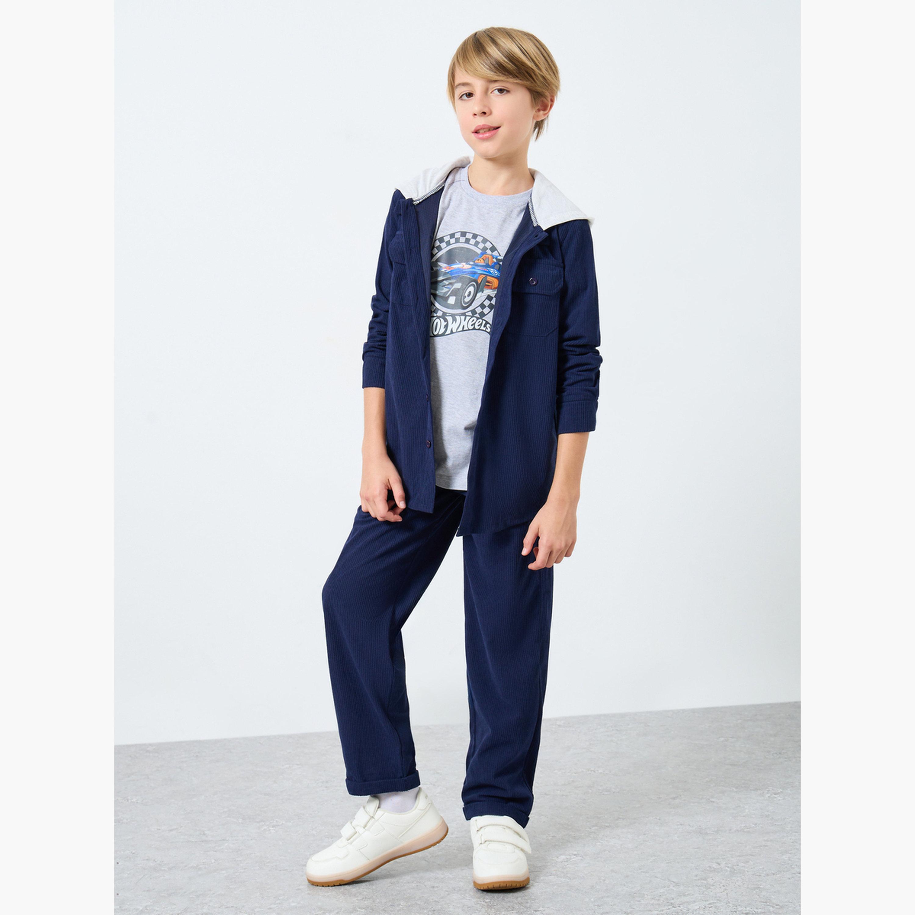 Styli Textured Hooded Neck Long Sleeves Boy's Button Through Shacket-boys-clothing-shirts-image-2