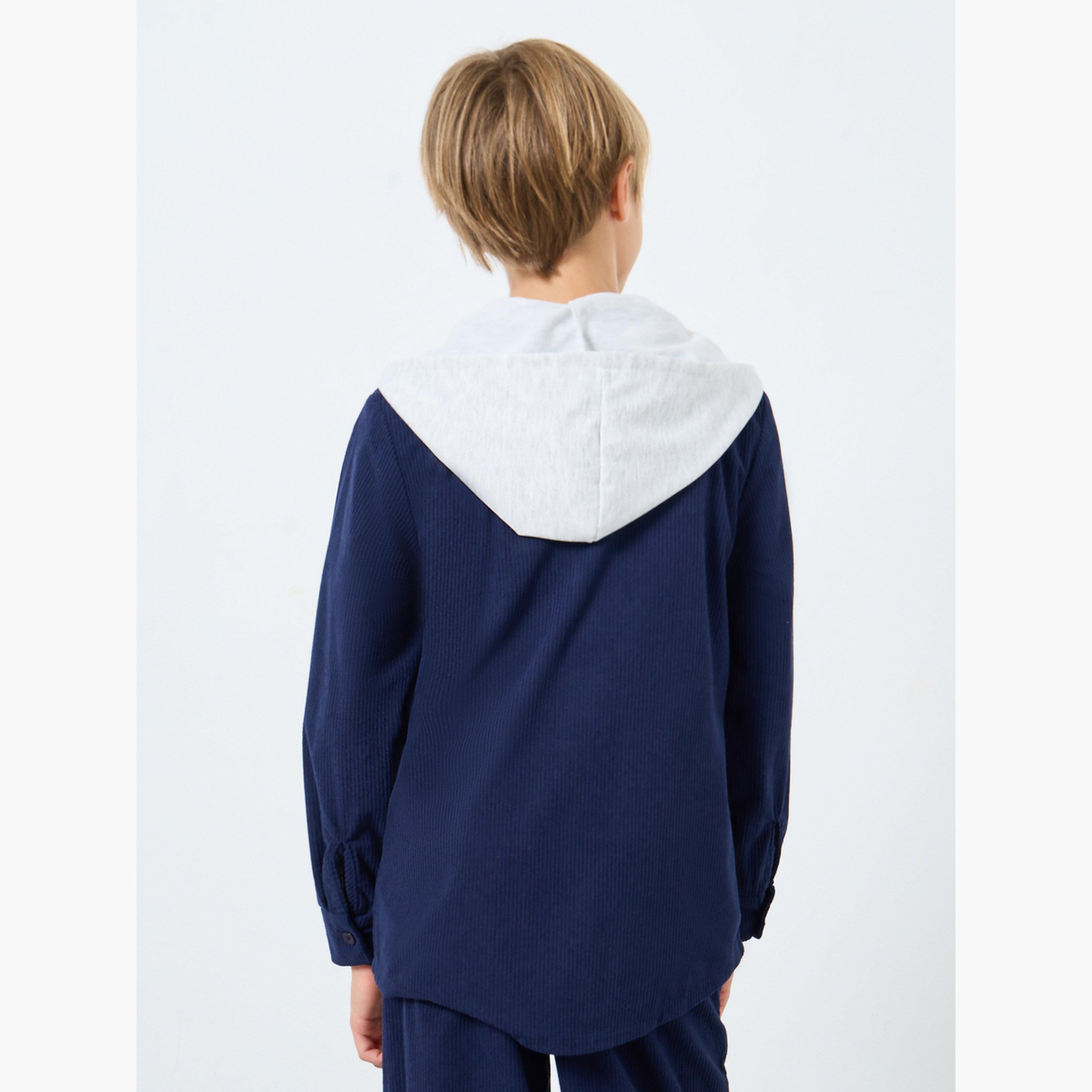 Styli Textured Hooded Neck Long Sleeves Boy's Button Through Shacket-boys-clothing-shirts-image-5