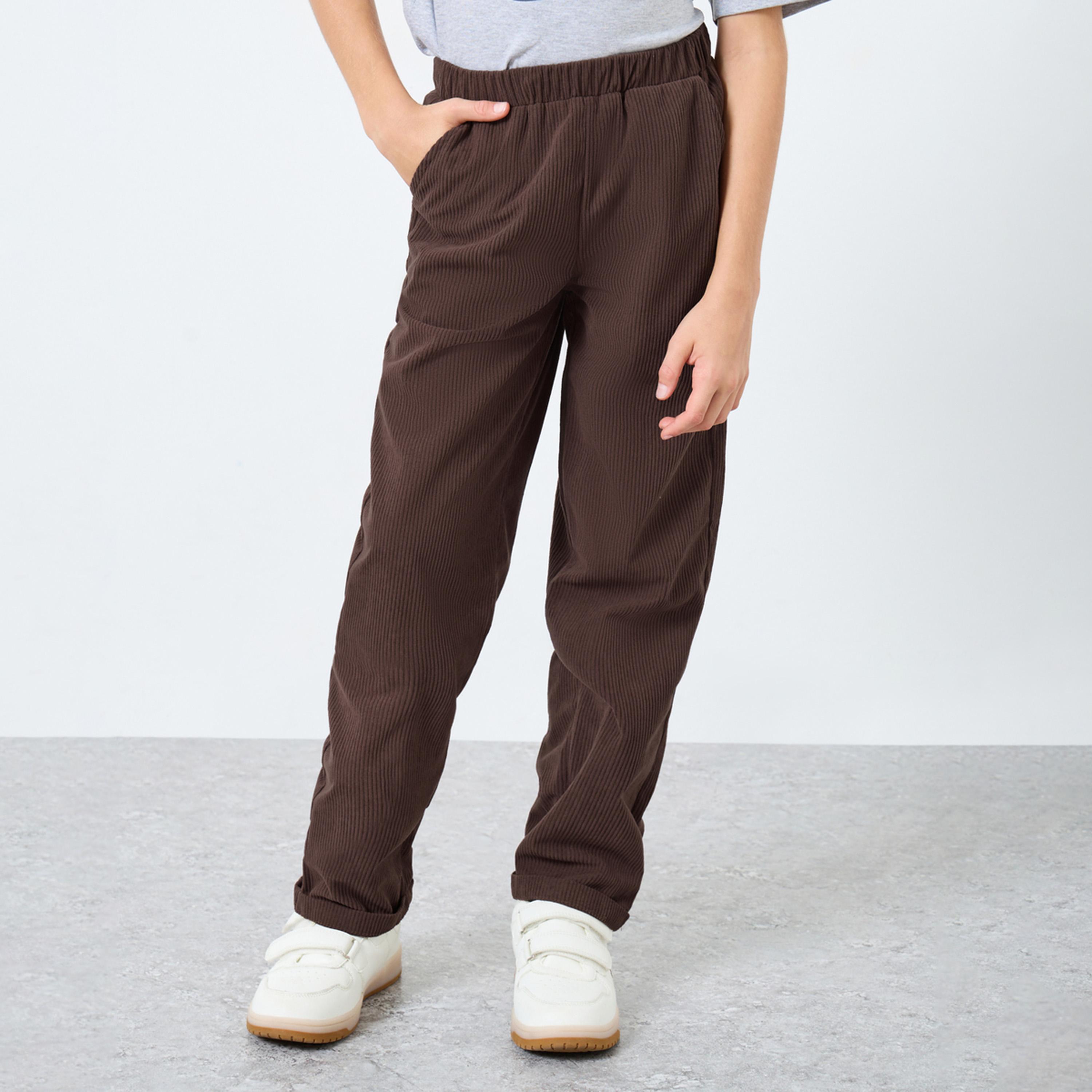 Styli Teens Brown Corduroy Straight Leg Pants-boys-clothing-bottoms-trousers-image-1