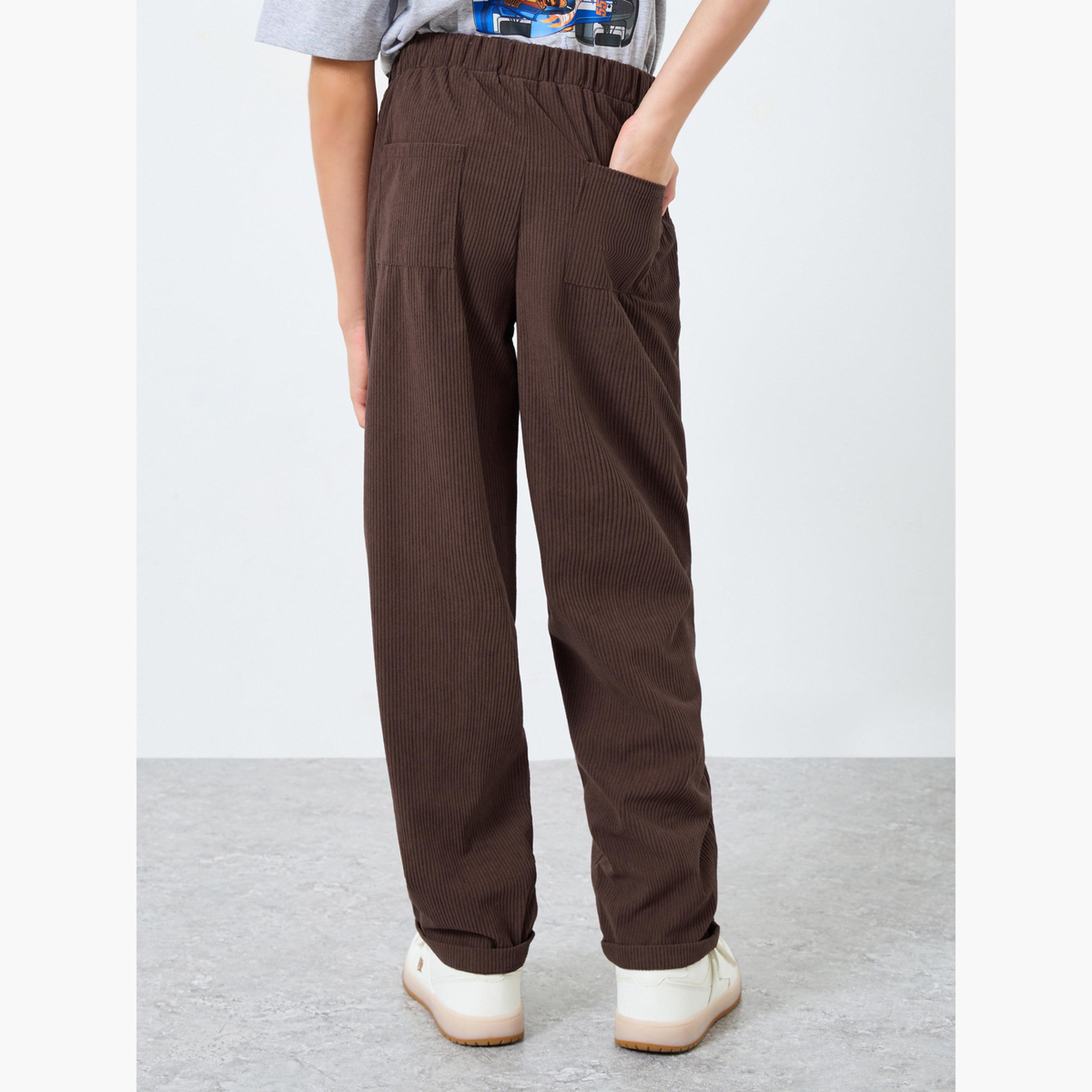 Styli Teens Brown Corduroy Straight Leg Pants-boys-clothing-bottoms-trousers-image-3