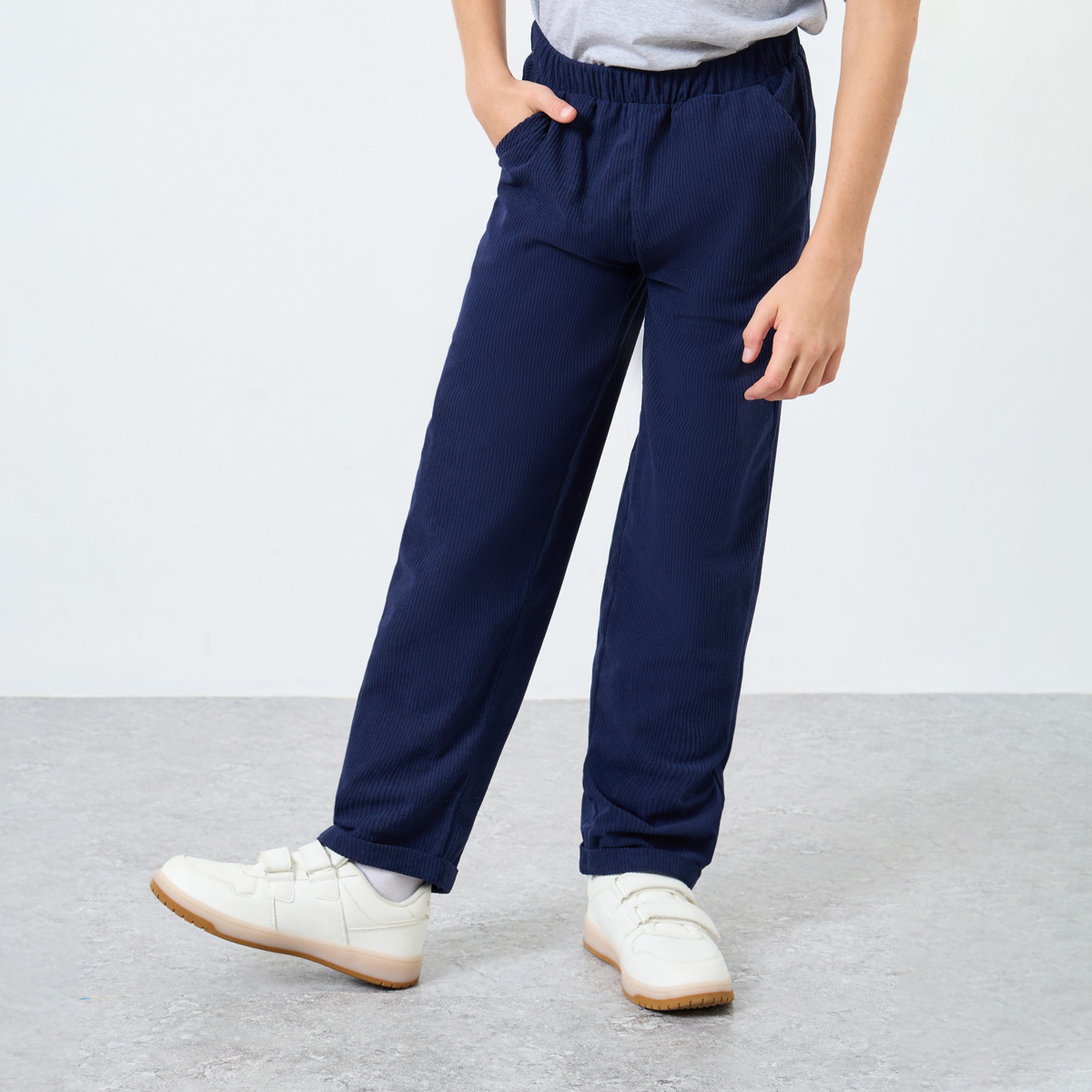 ستايلي - بنطال جينز أزرق داكن قماش مخملي مستقيم الساق للمراهقين-boys-clothing-bottoms-trousers-image-1