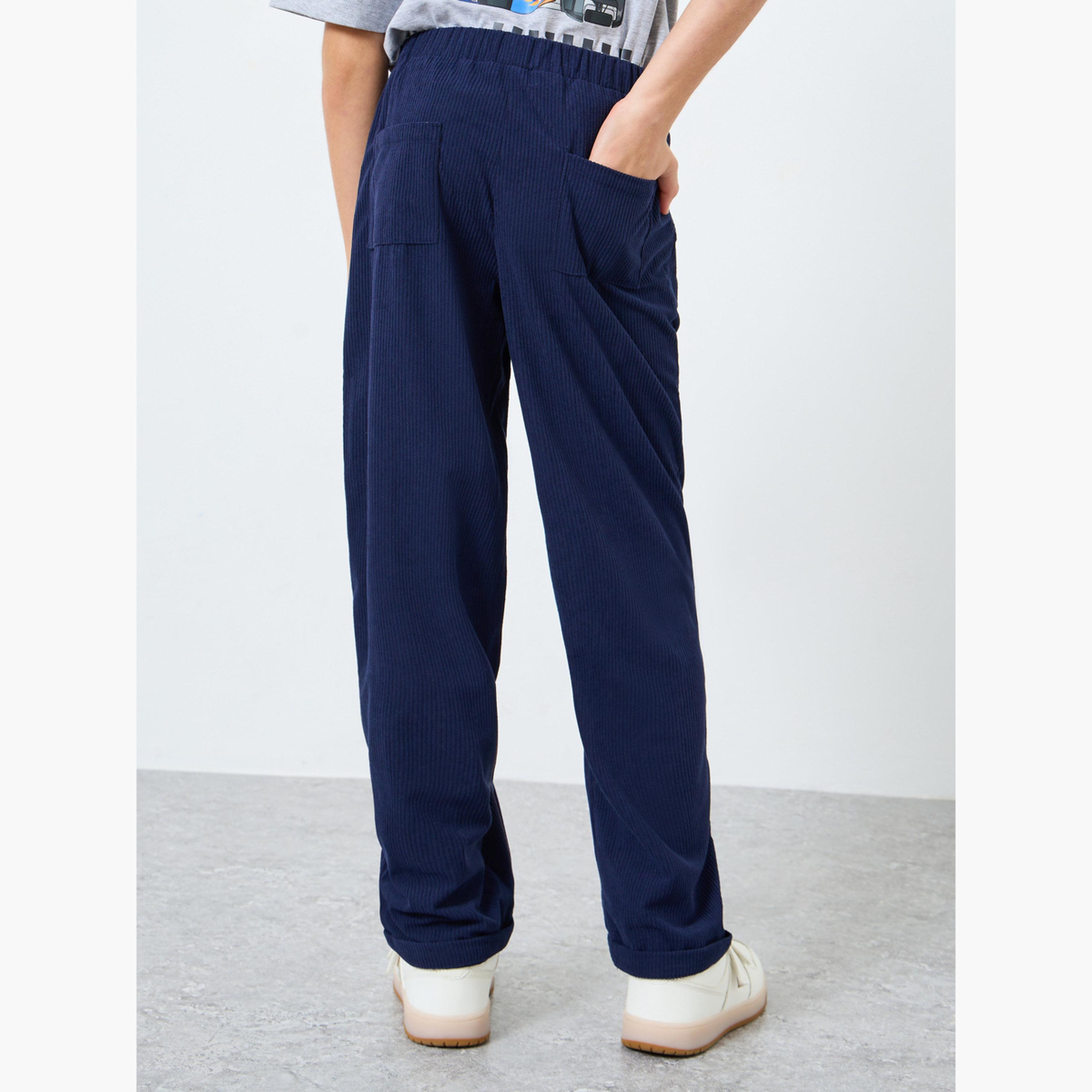 Styli Teens Navy Corduroy Straight Leg Pants-boys-clothing-bottoms-trousers-image-3