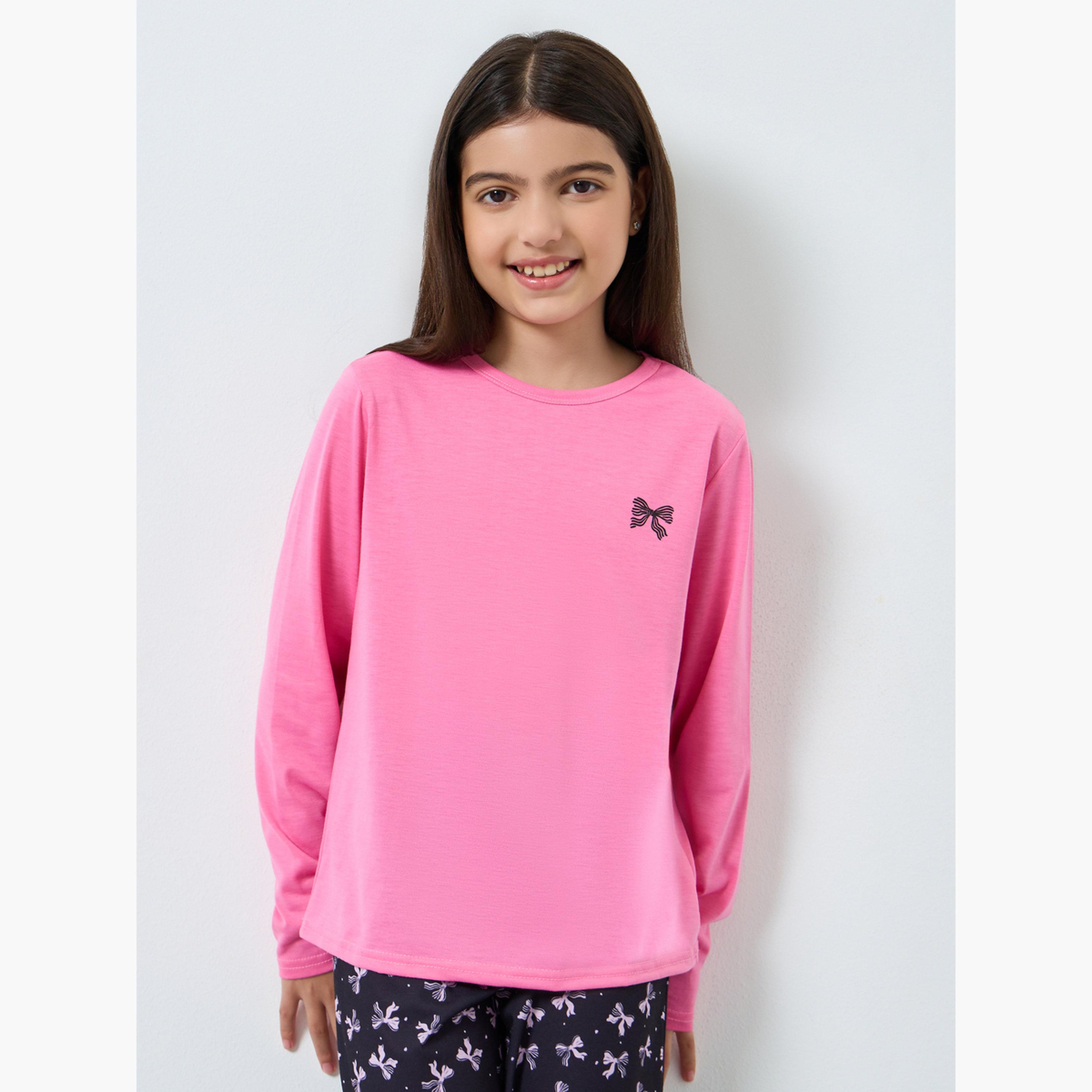 Styli Bow Printed Long Sleeve T-Shirt and Pyjama Set-girls-clothing-nightwear-image-2