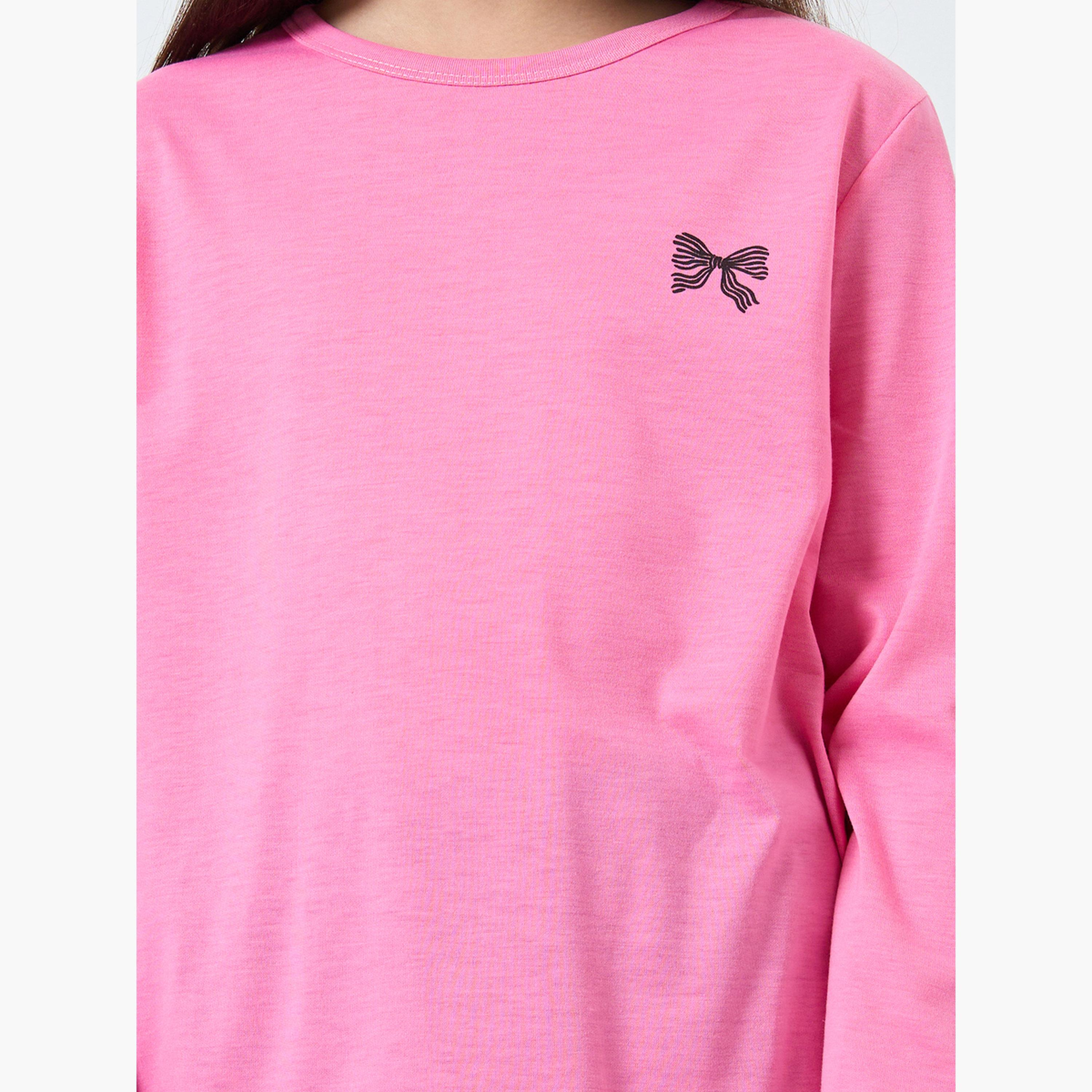 Styli Bow Printed Long Sleeve T-Shirt and Pyjama Set-girls-clothing-nightwear-image-3