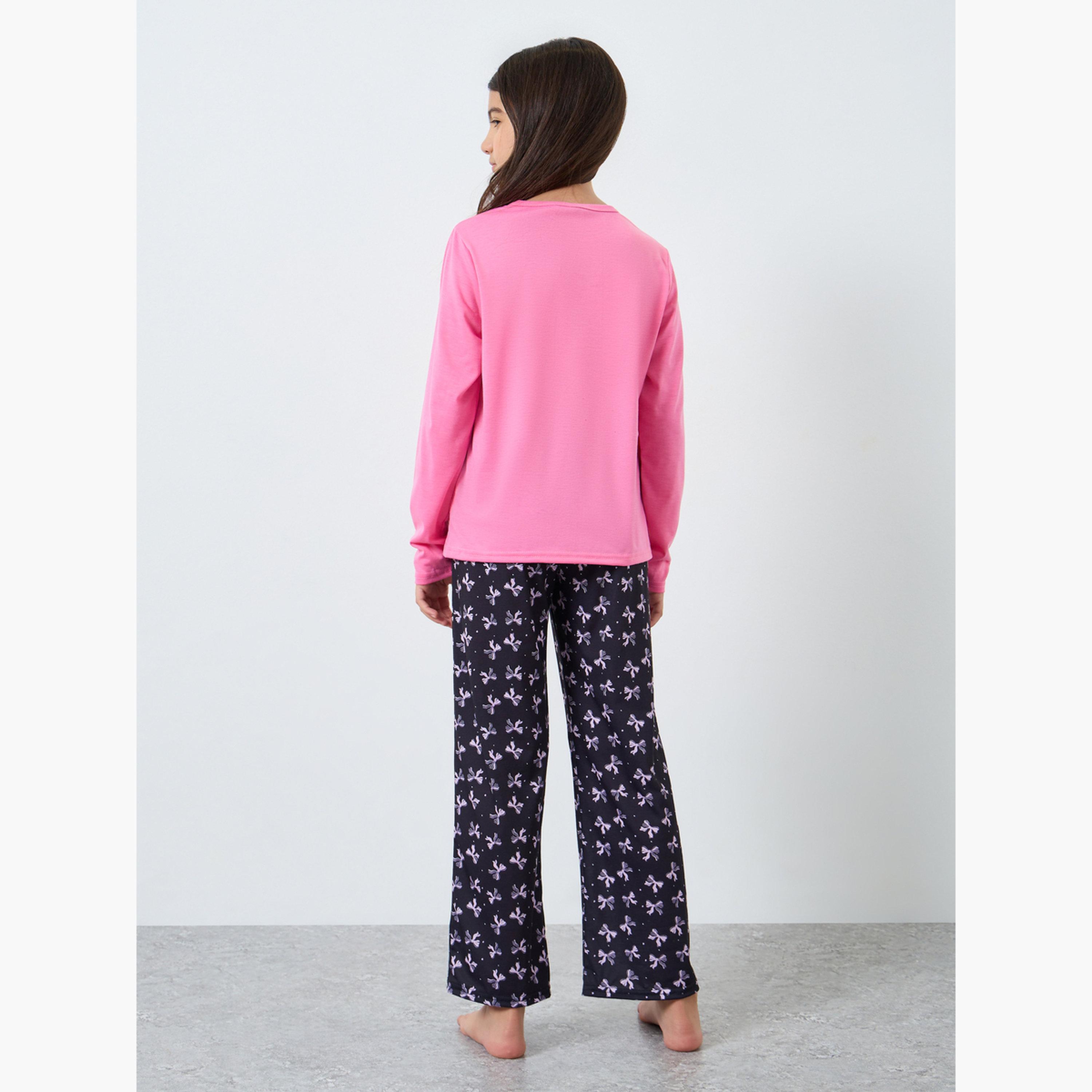 Styli Bow Printed Long Sleeve T-Shirt and Pyjama Set-girls-clothing-nightwear-image-5